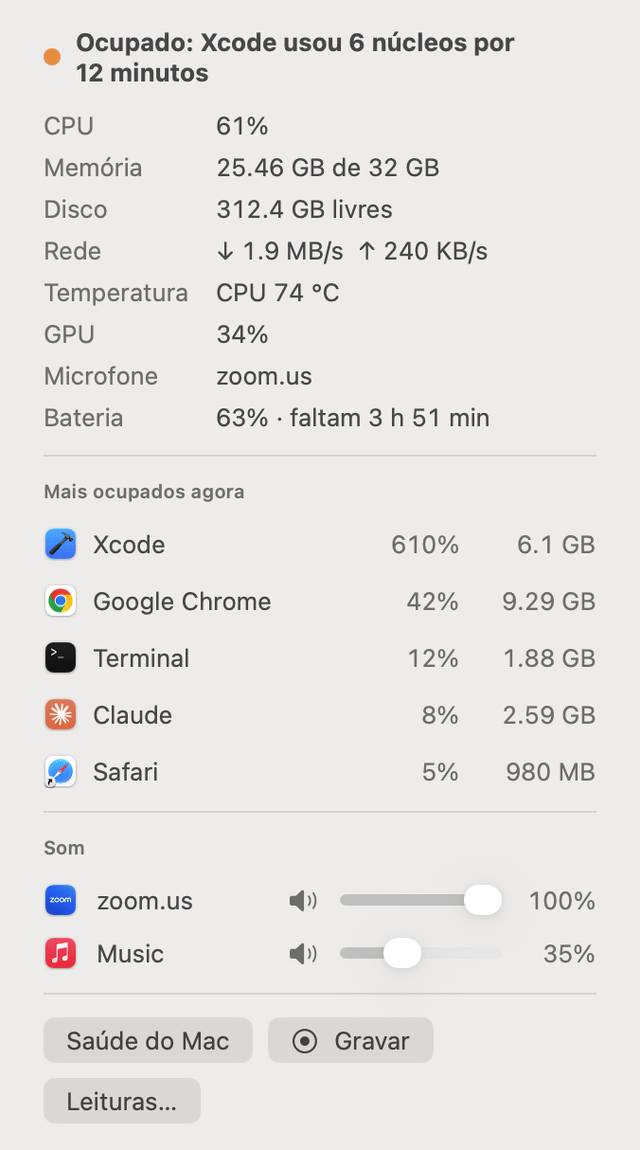 Menu da Saúde do Mac na barra de menus com CPU, memória, disco, rede, temperatura, GPU, microfone e bateria, os cinco apps mais ocupados, Gravar e um controle de volume para cada app que está tocando som