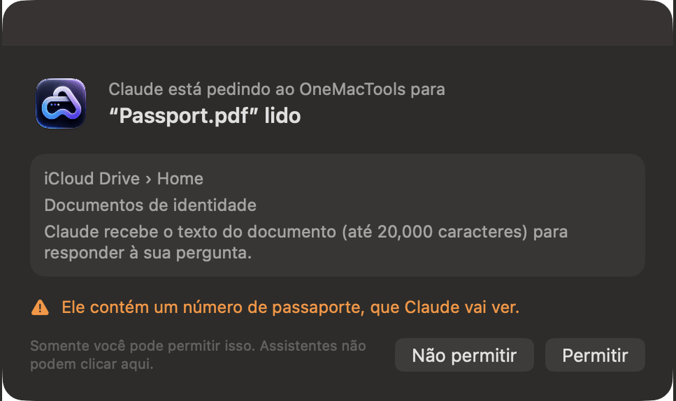 OneMacTools pedindo permissão: o Claude está pedindo ao OneMacTools para ler Passport.pdf, com um aviso de que ele contém um número de passaporte