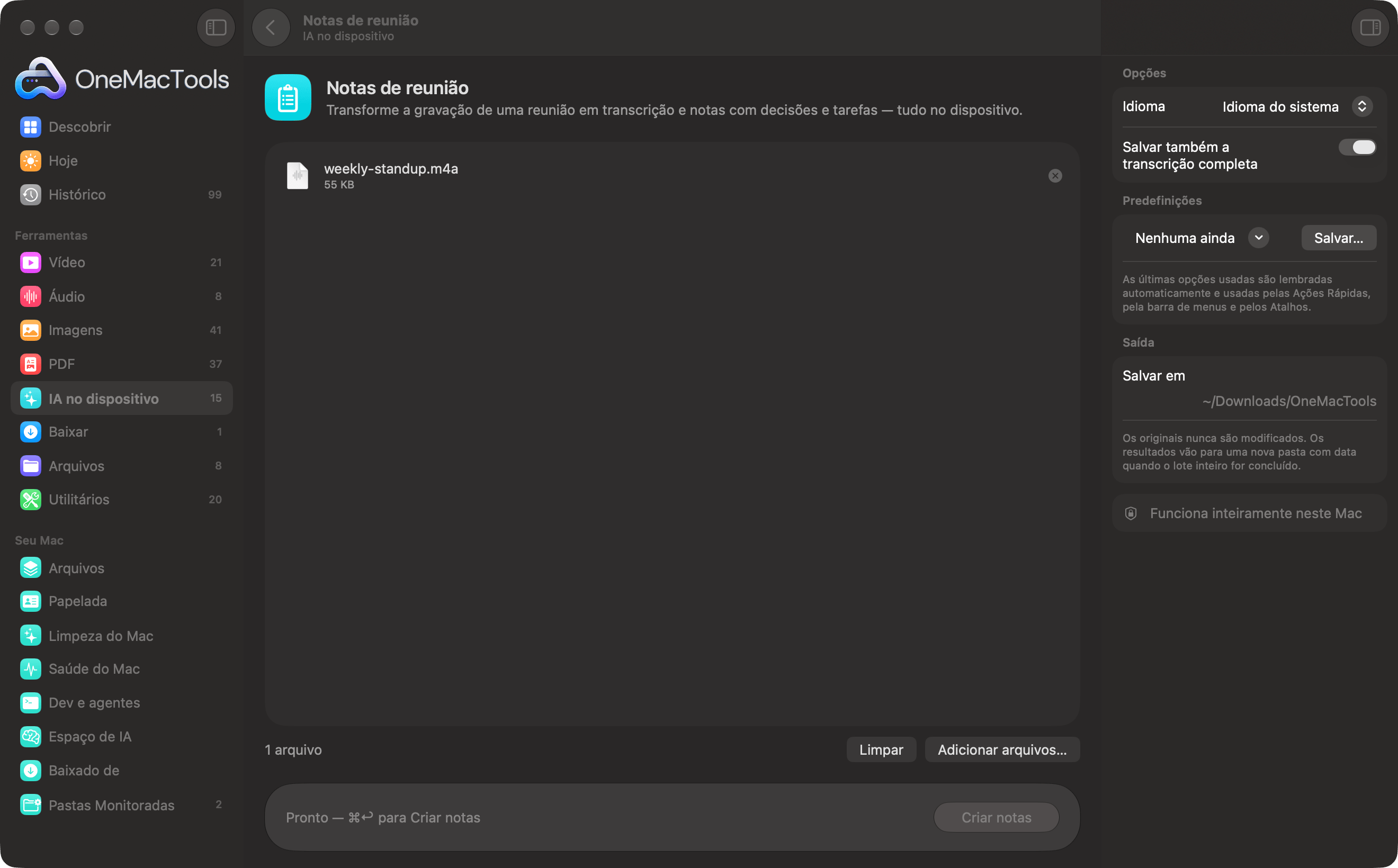 Notas de reunião do OneMacTools com uma gravação carregada