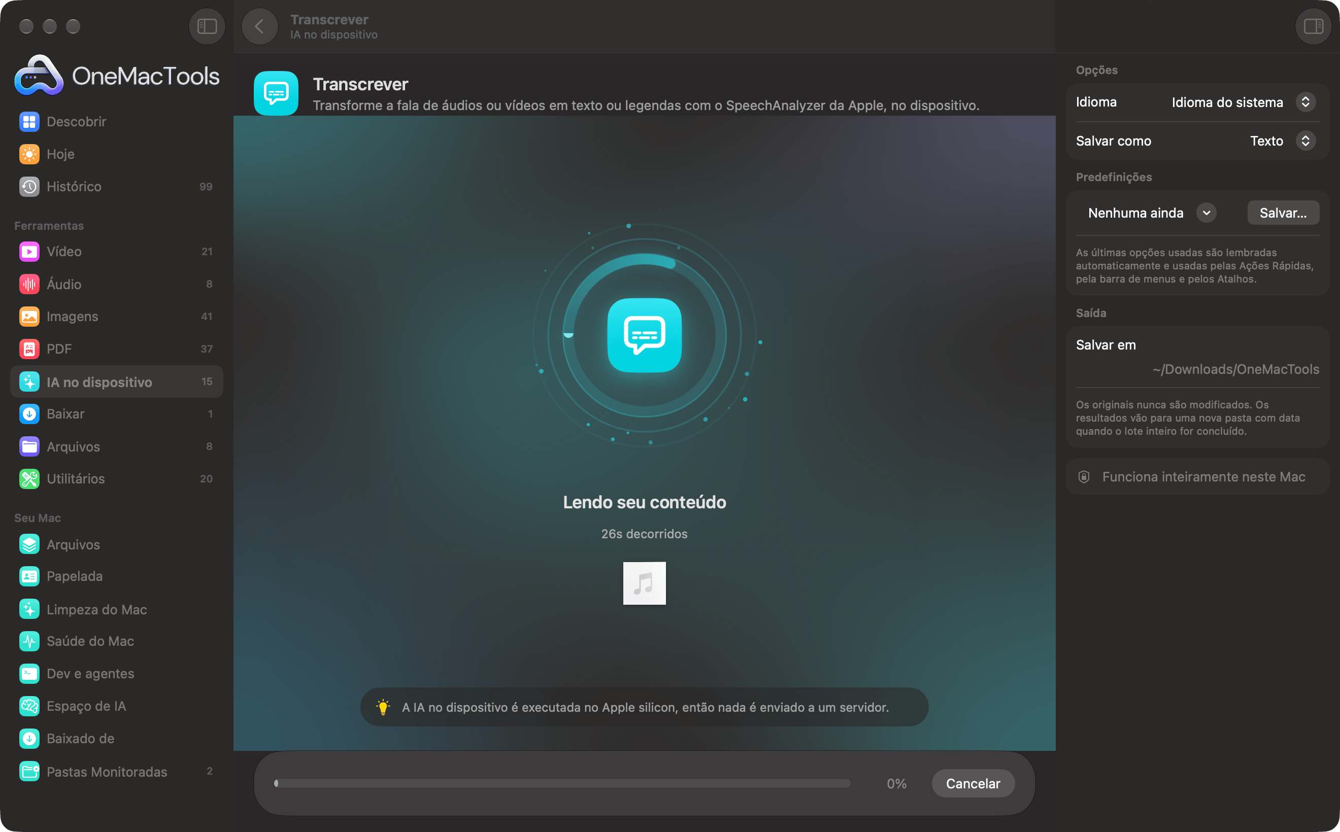 OneMacTools transcrevendo uma gravação com IA no dispositivo