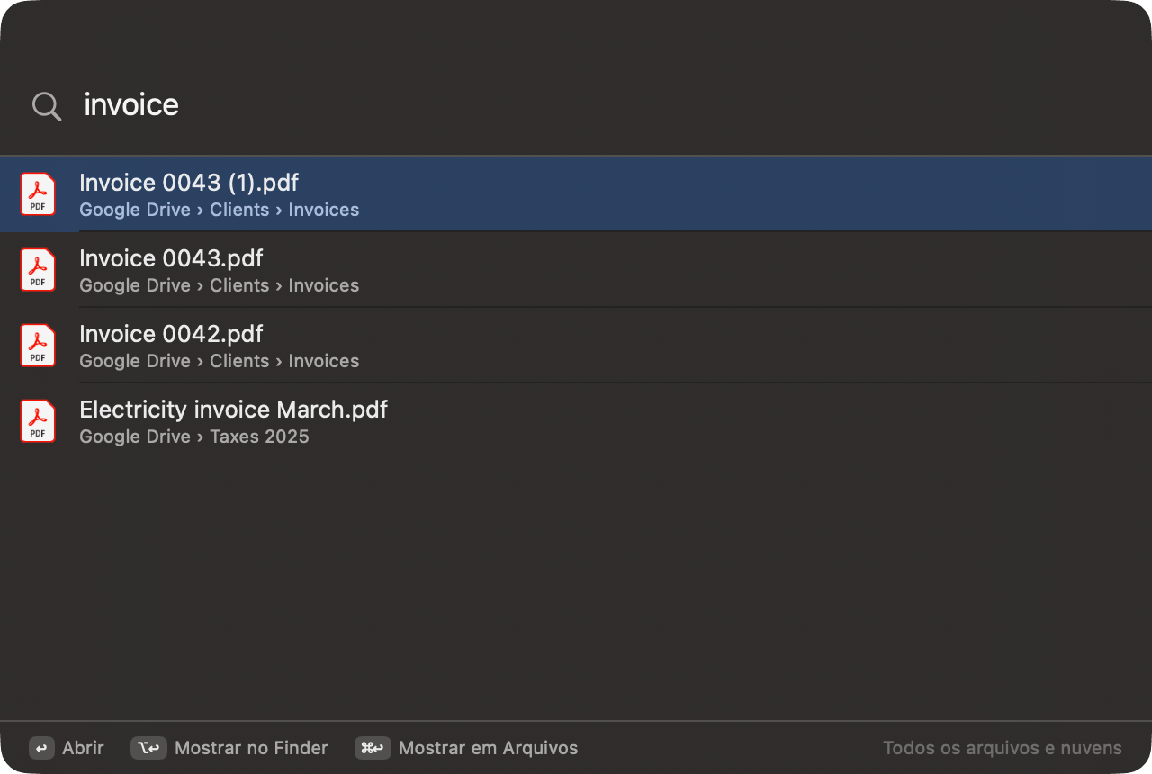 Painel Busca Rápida do OneMacTools encontrando quatro faturas em várias nuvens