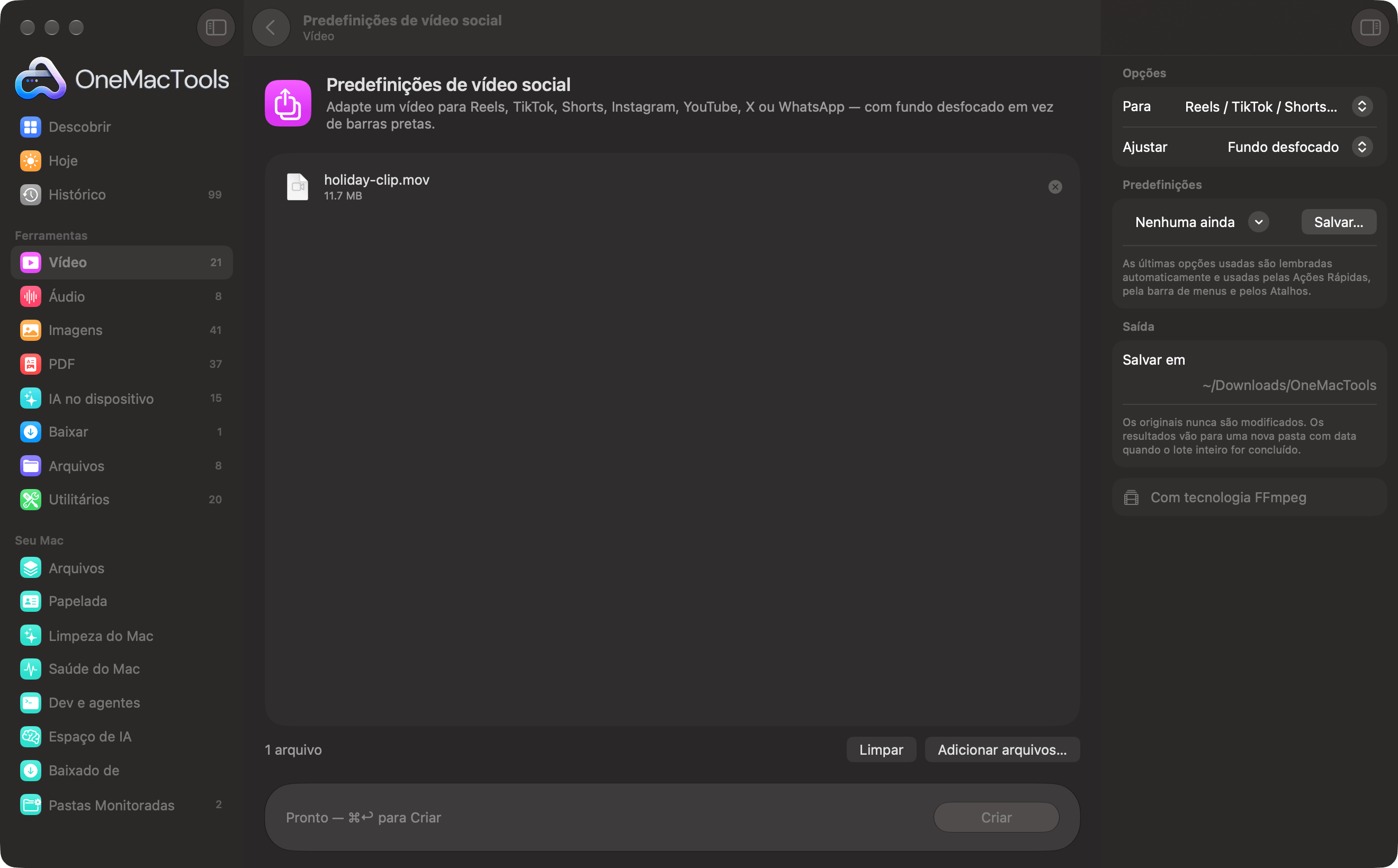Predefinições de vídeo social do OneMacTools com um vídeo pronto para Reels