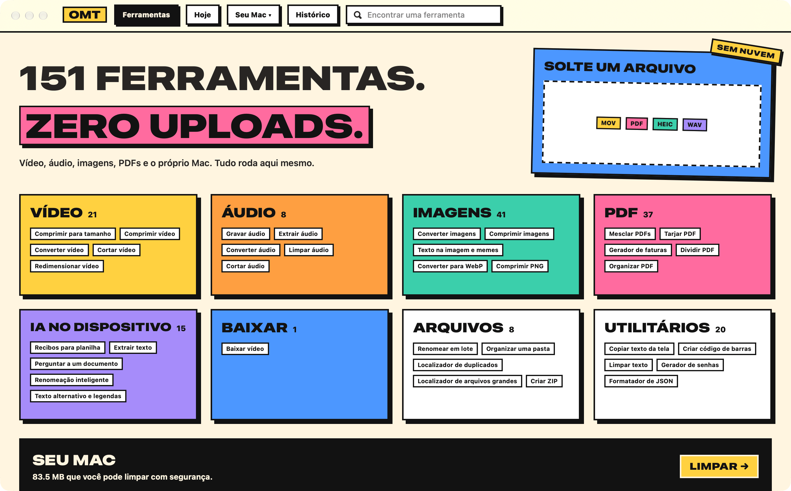 OneMacTools no visual Neobrutalista: 151 FERRAMENTAS. ZERO UPLOADS. sobre blocos de cor para cada categoria