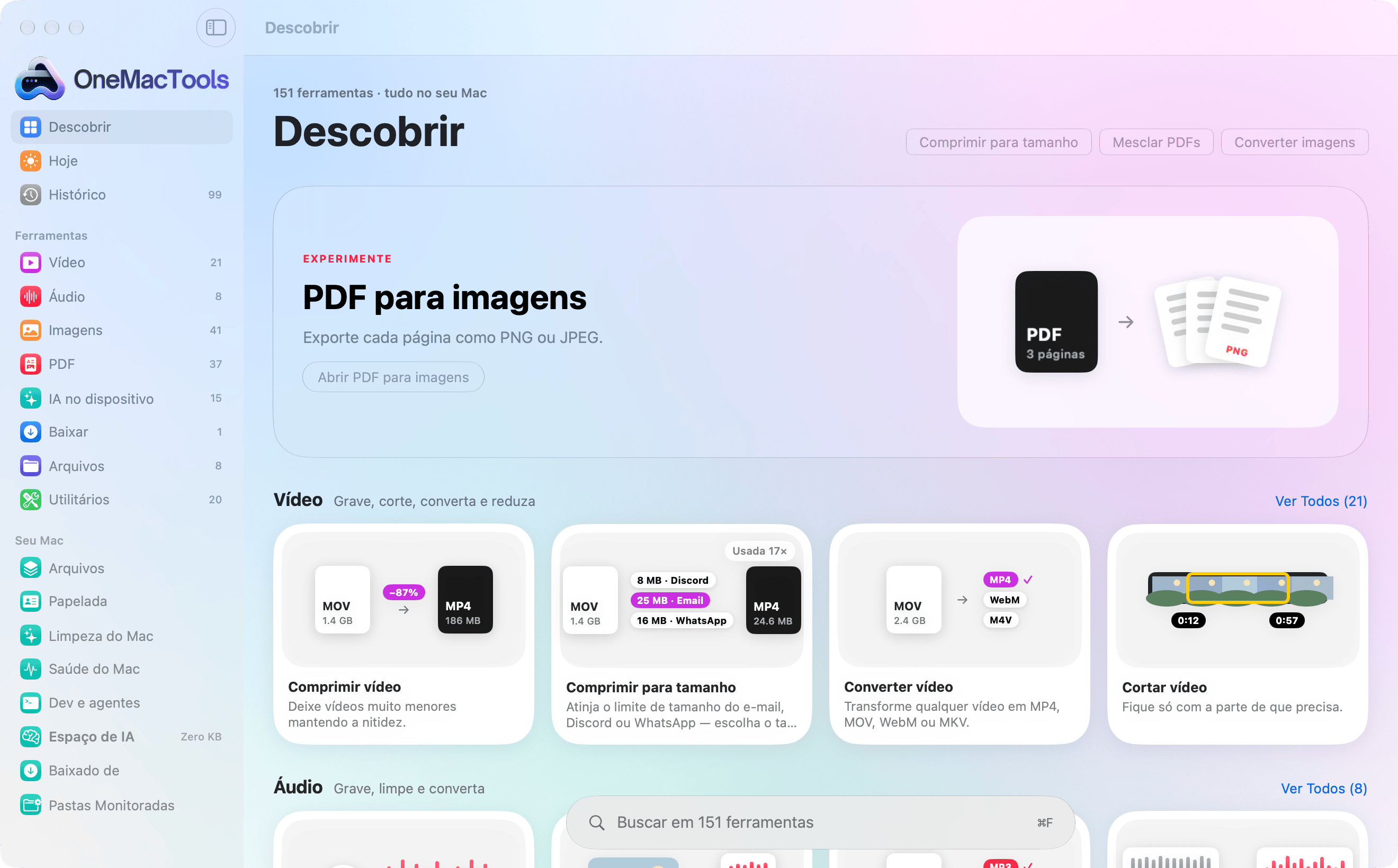 OneMacTools em Liquid Glass: uma barra lateral de categorias, uma ferramenta em destaque e as primeiras ferramentas de cada categoria como cartões ilustrados