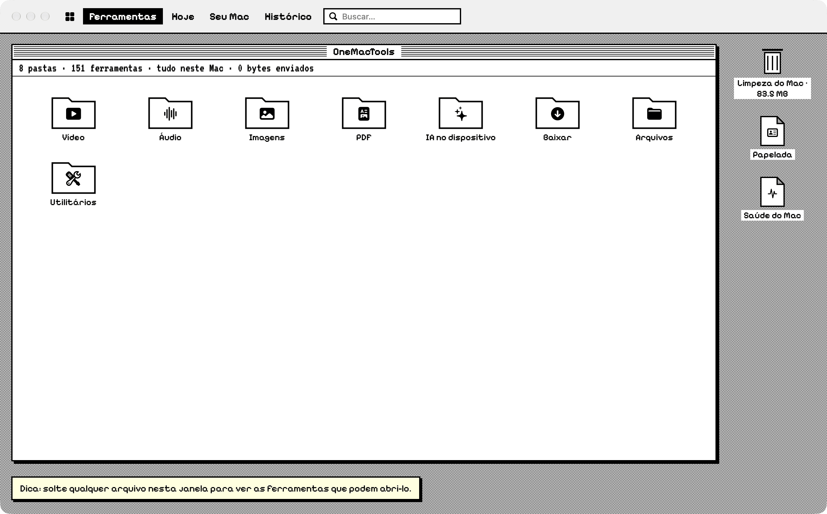 OneMacTools no visual Retrô: uma mesa em preto e branco com uma janela de pastas de categorias