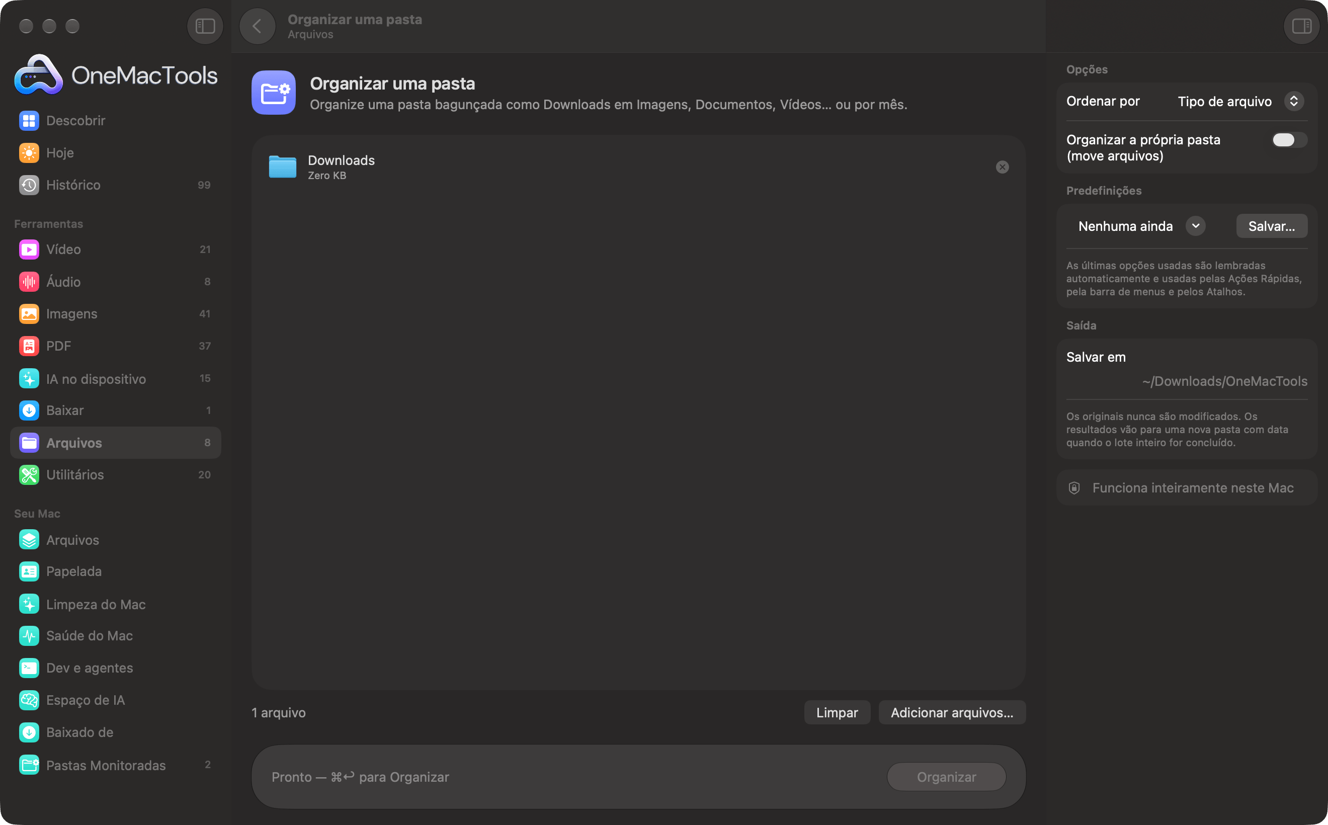 Organizar uma pasta do OneMacTools com uma pasta Downloads