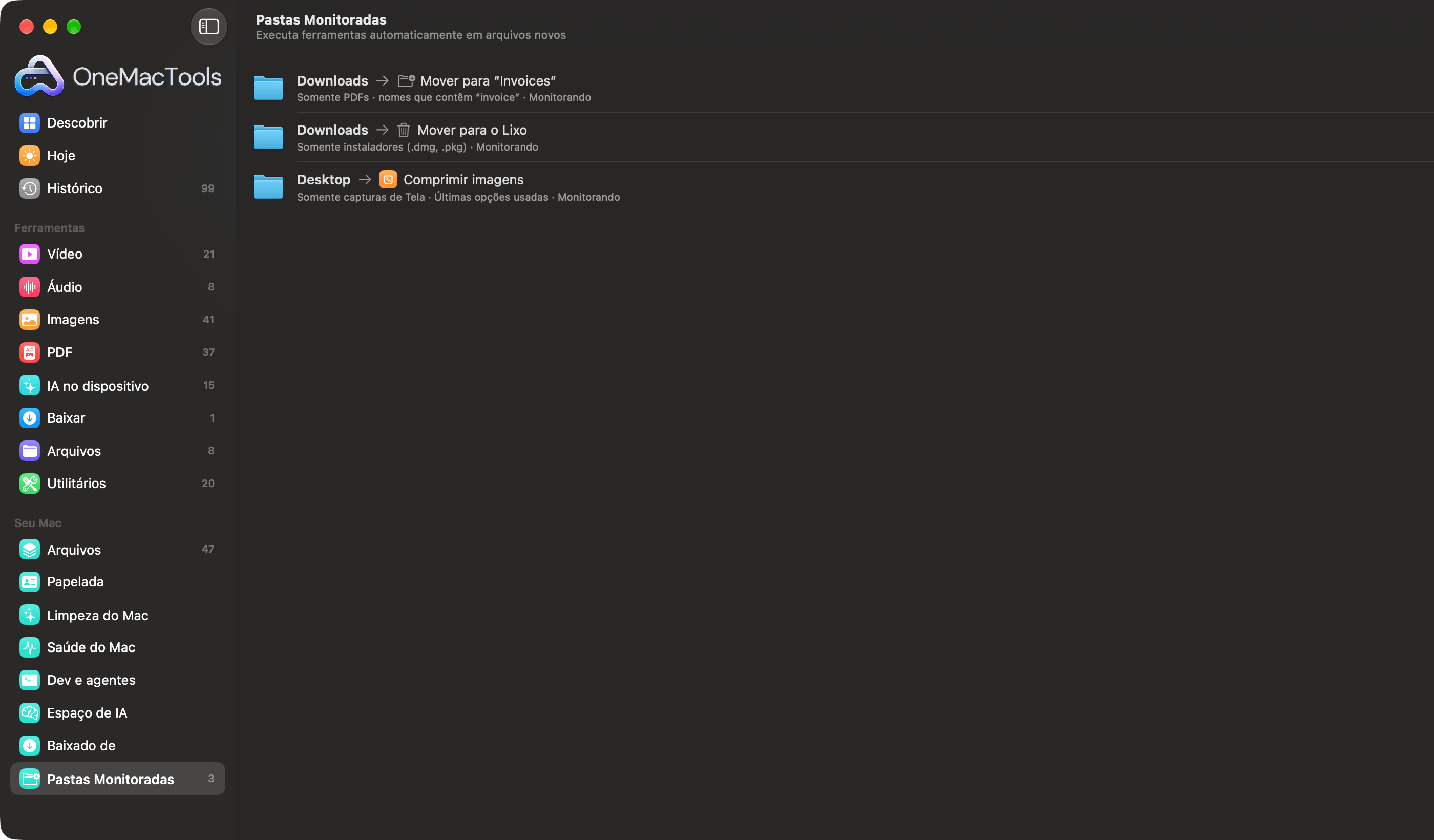 Pastas Monitoradas do OneMacTools com três regras: mover faturas para uma pasta, enviar instaladores antigos para o Lixo, comprimir capturas de tela