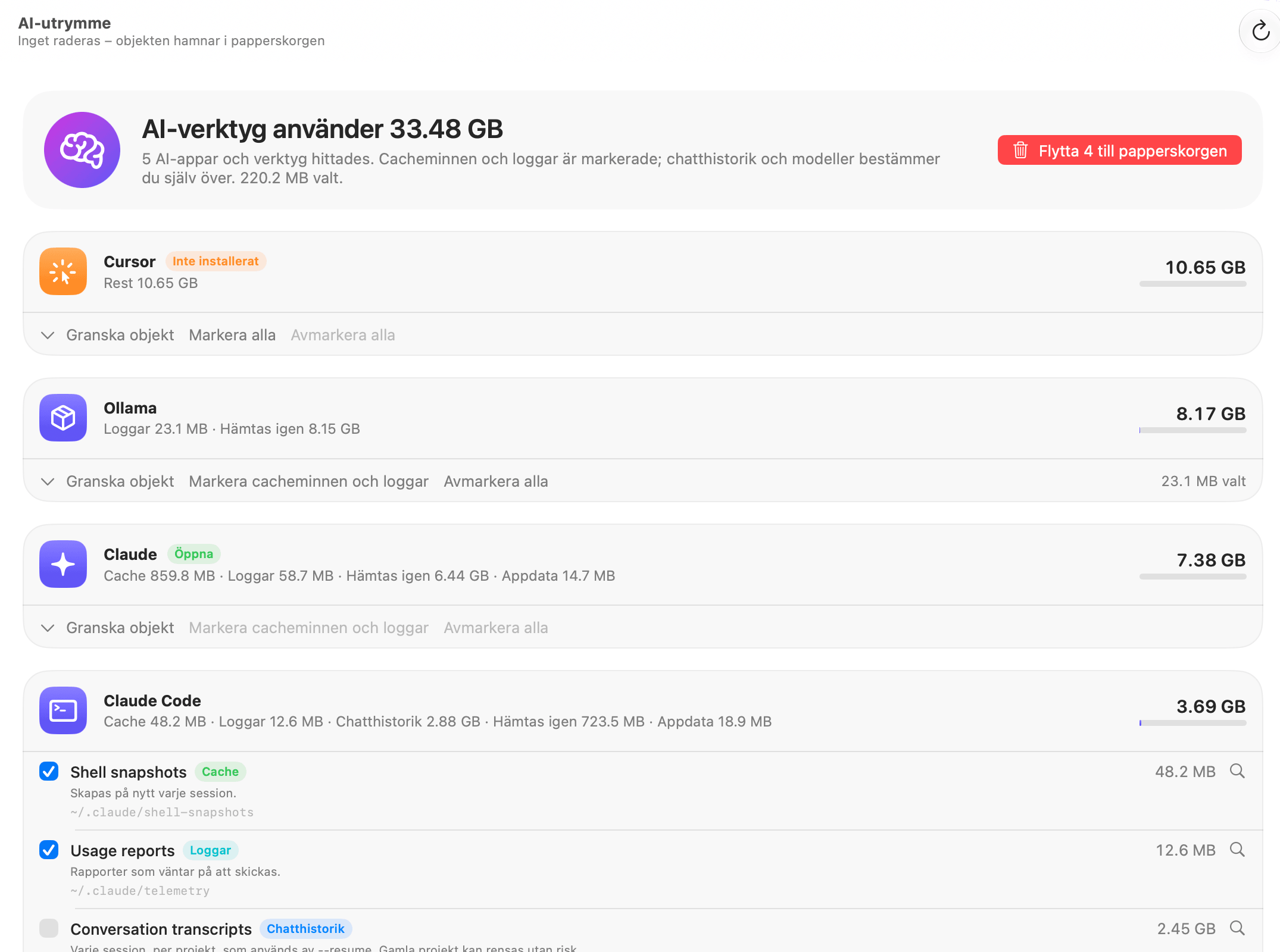 OneMacTools AI-utrymme som listar Cursor (inte installerat), Ollama, Claude och Claude Code med cacheminnen, loggar, chatthistorik och modeller, där cacheminnen och loggar är markerade