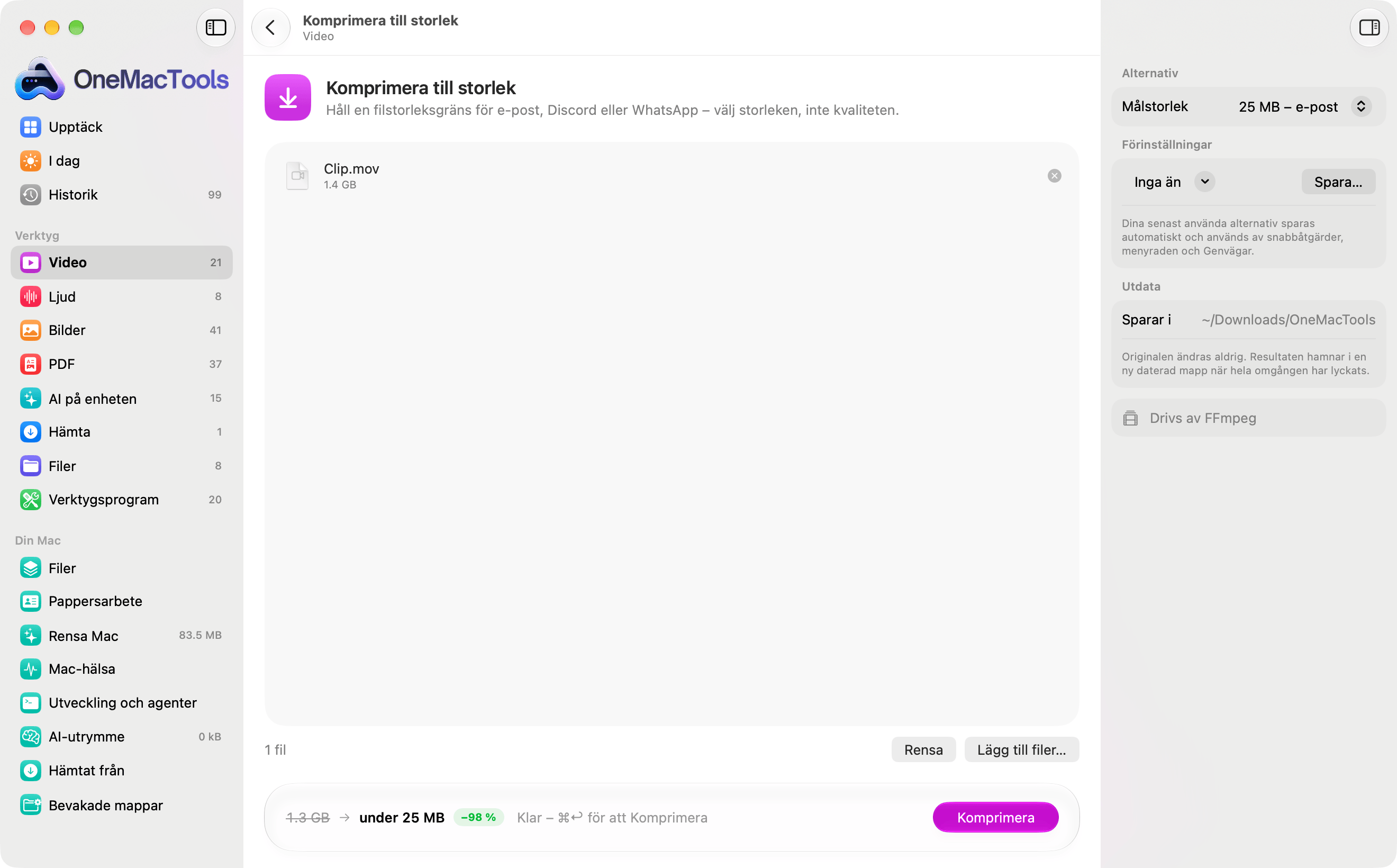 Komprimera till storlek med en video på 1,4 GB inläst, som visar att den hamnar under 25 MB, 98 % mindre, innan den börjar