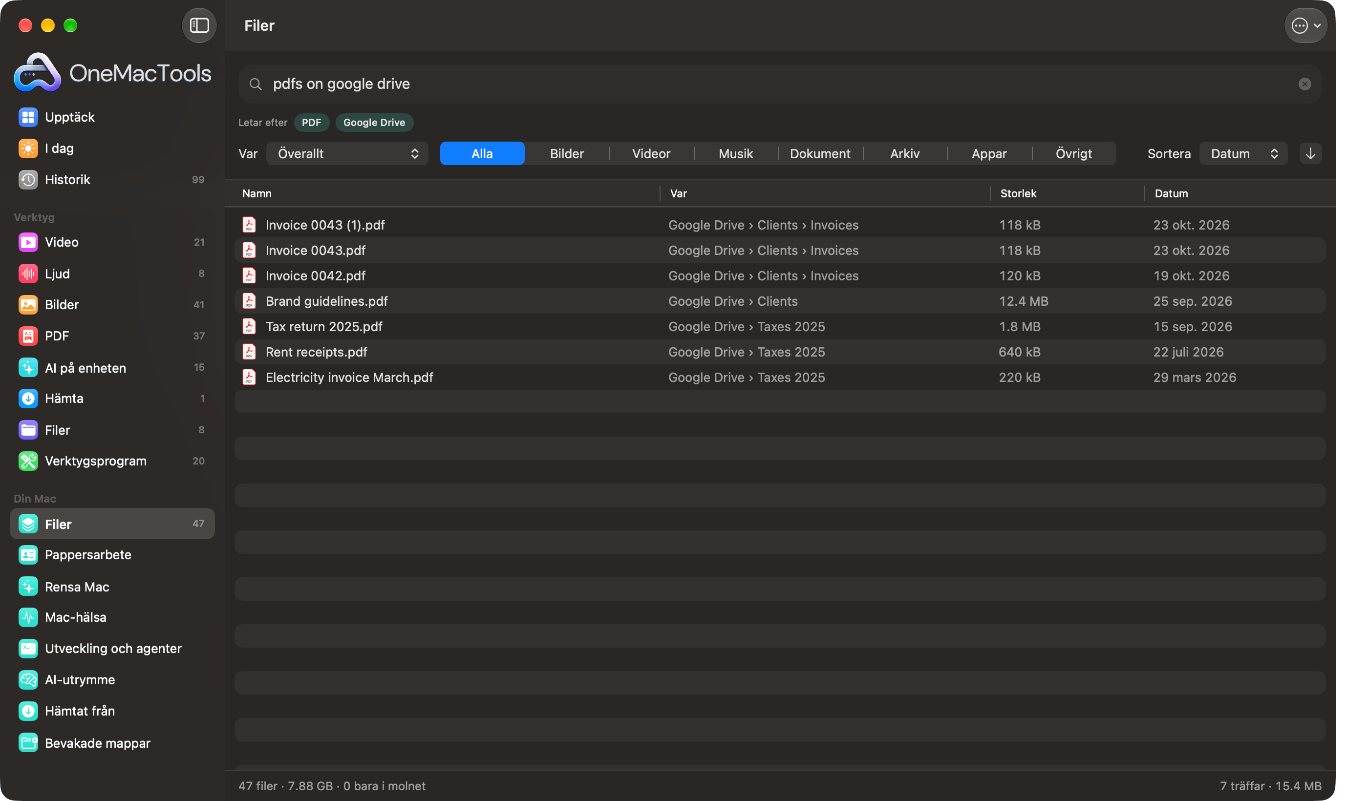 OneMacTools Filer söker efter ”pdf:er på google drive”, tolkat som filtren PDF och Google Drive
