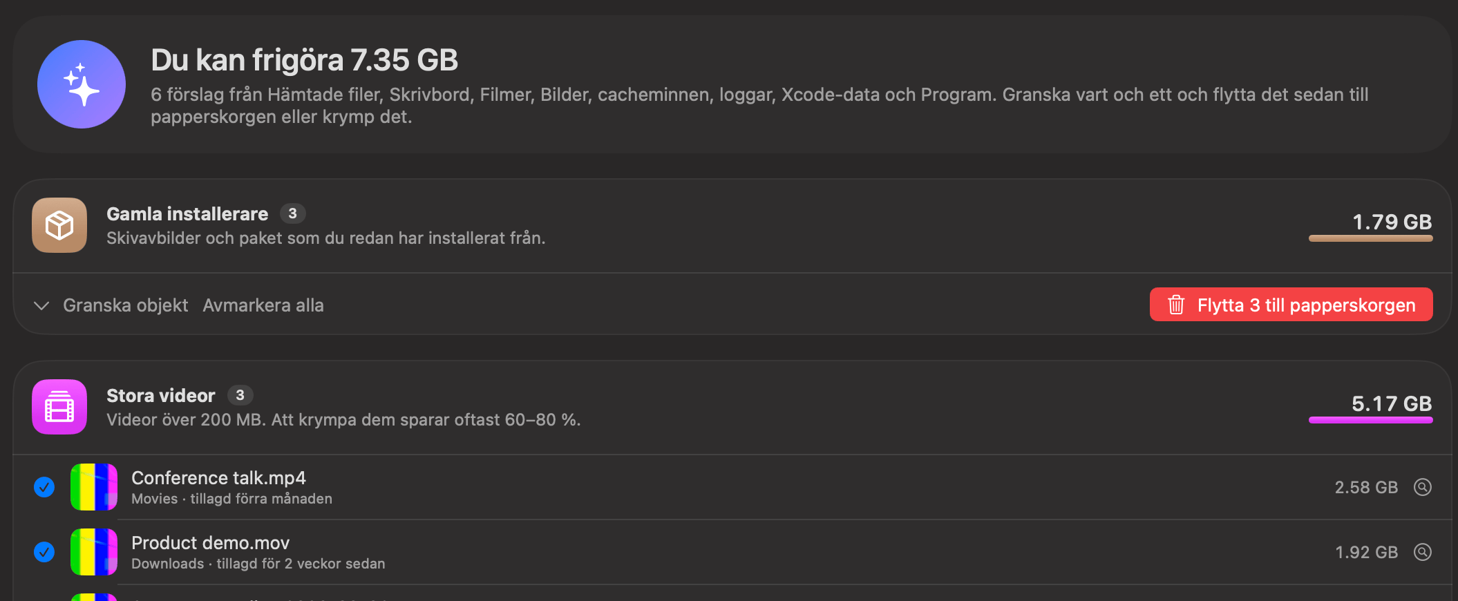 OneMacTools Rensa Mac listar gamla installerare, stora videor, gamla skärmavbilder och dubbletter, med Krymp i stället och Flytta till papperskorgen