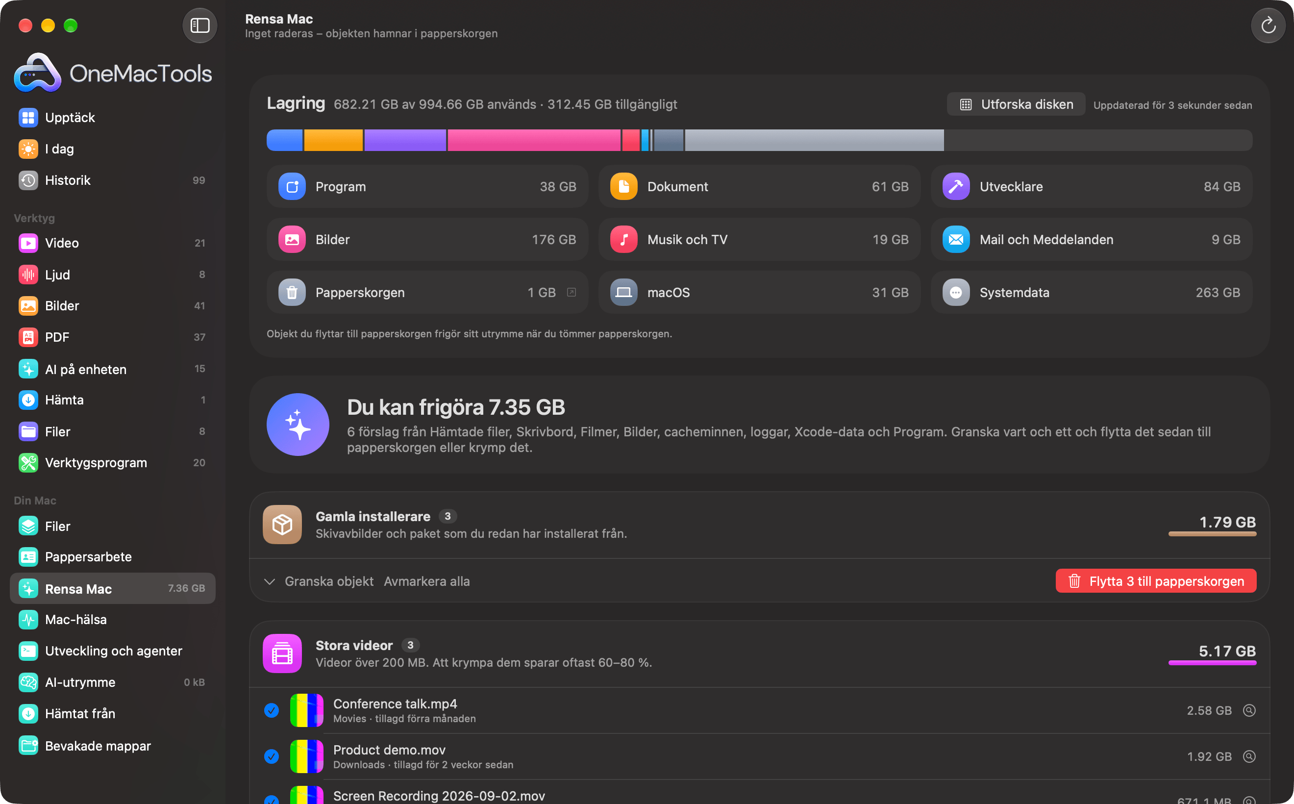 OneMacTools Rensa Mac listar gamla installerare, stora videor, gamla skärmavbilder och dubbletter, med Krymp i stället och Flytta till papperskorgen