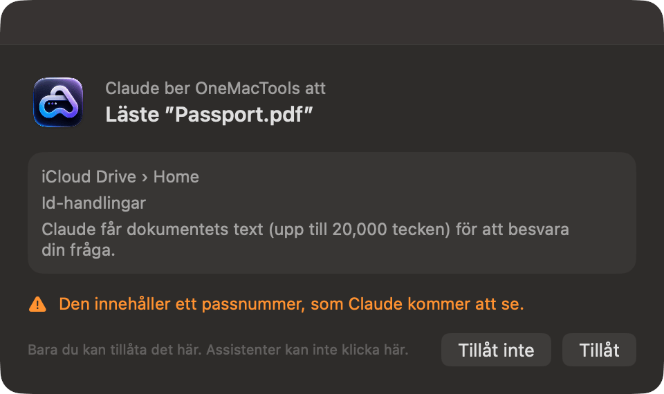 OneMacTools frågar: Claude ber OneMacTools läsa Passport.pdf, med en varning om att den innehåller ett passnummer