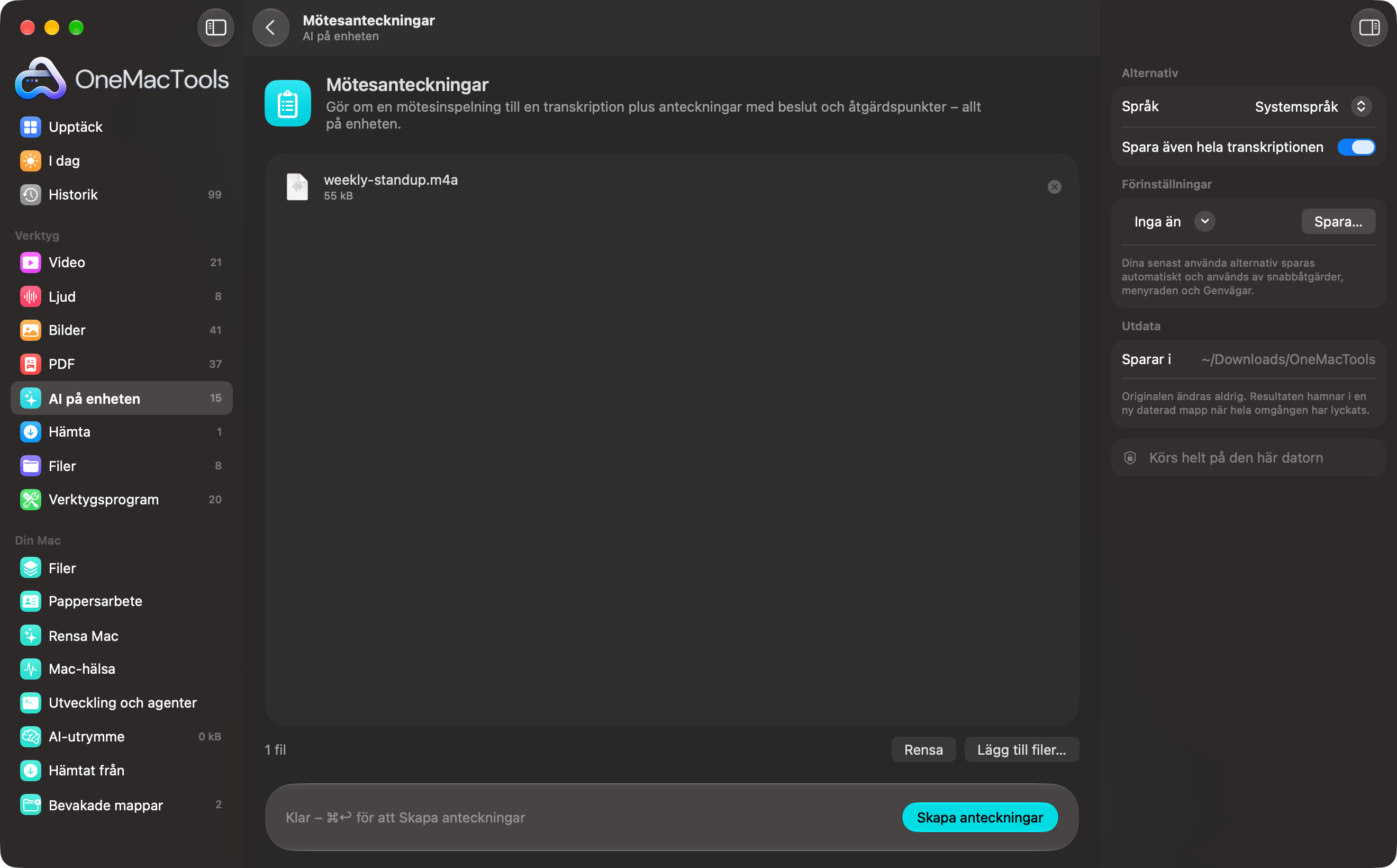 OneMacTools Mötesanteckningar med en inspelning inläst