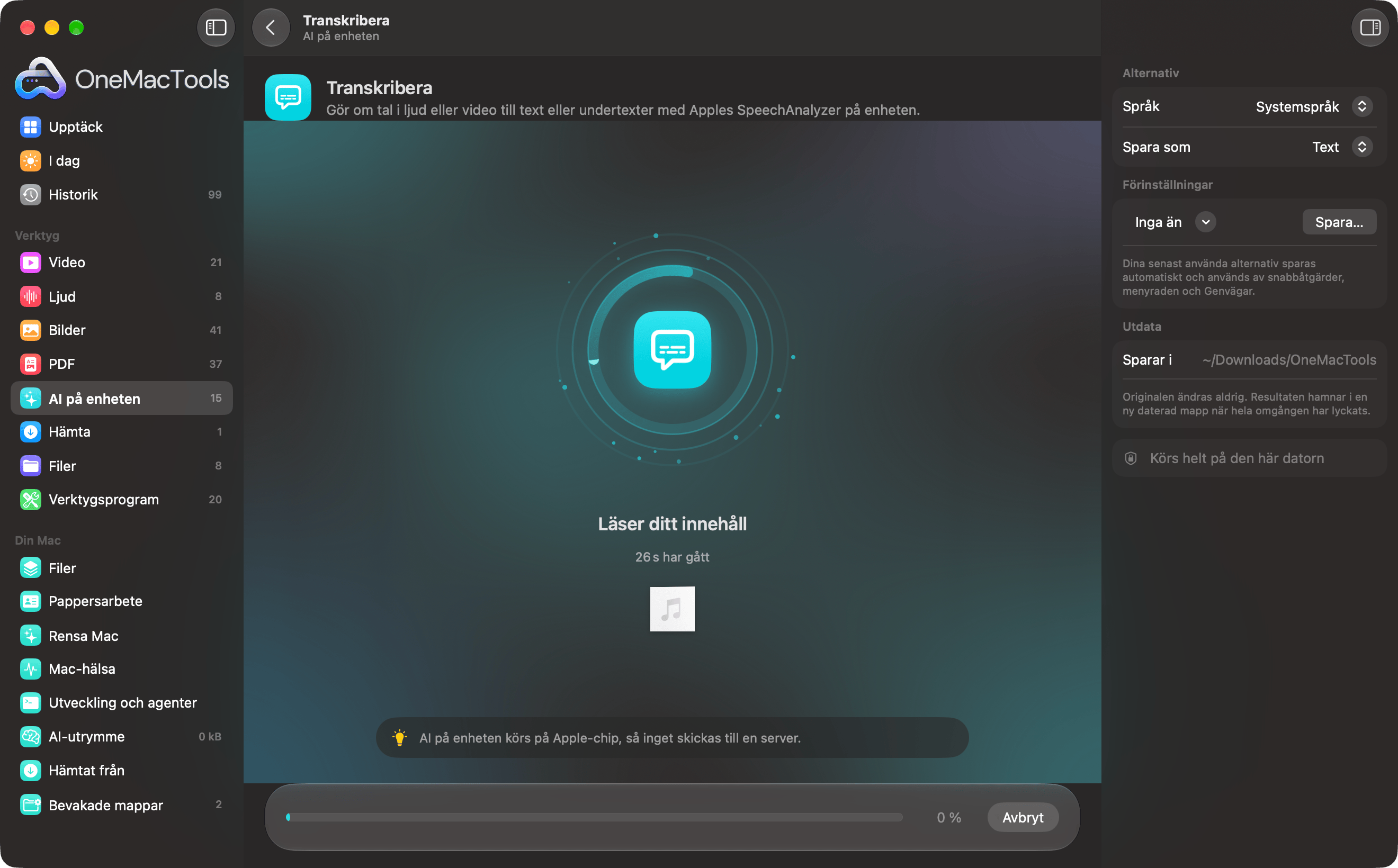 OneMacTools transkriberar en inspelning med AI på enheten