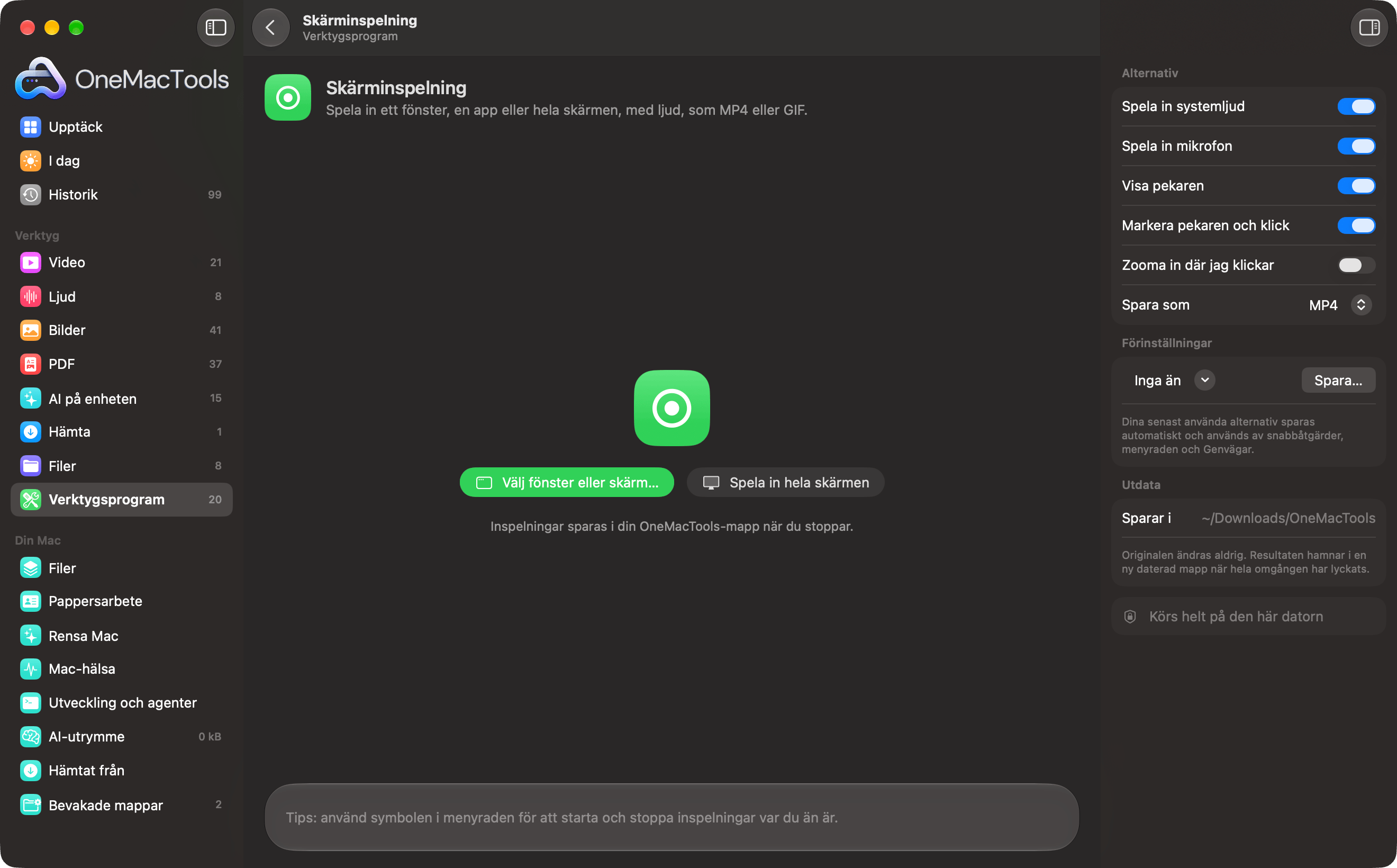 OneMacTools Skärminspelning redo att spela in ett fönster eller hela skärmen