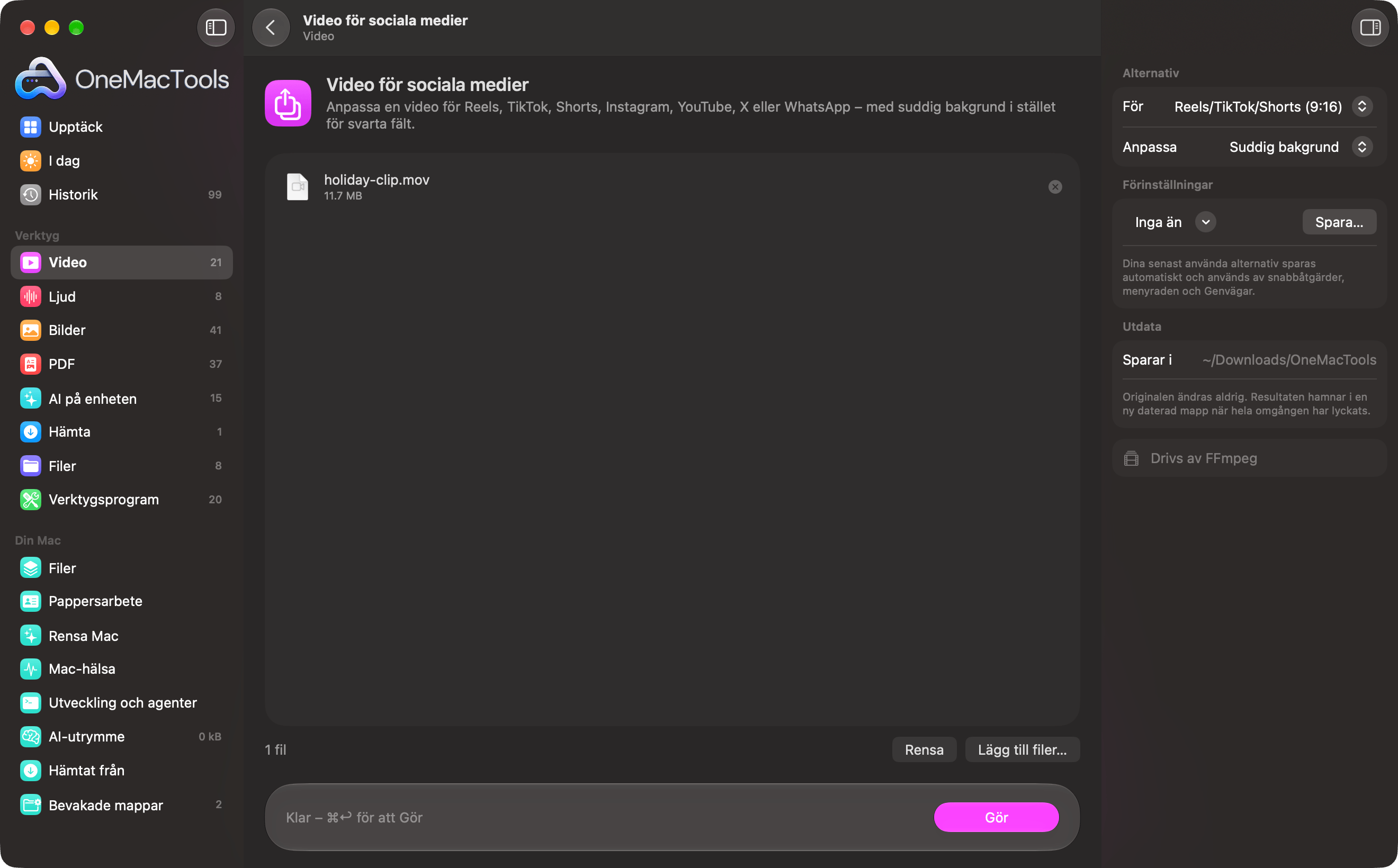 OneMacTools Video för sociala medier med en video redo för Reels