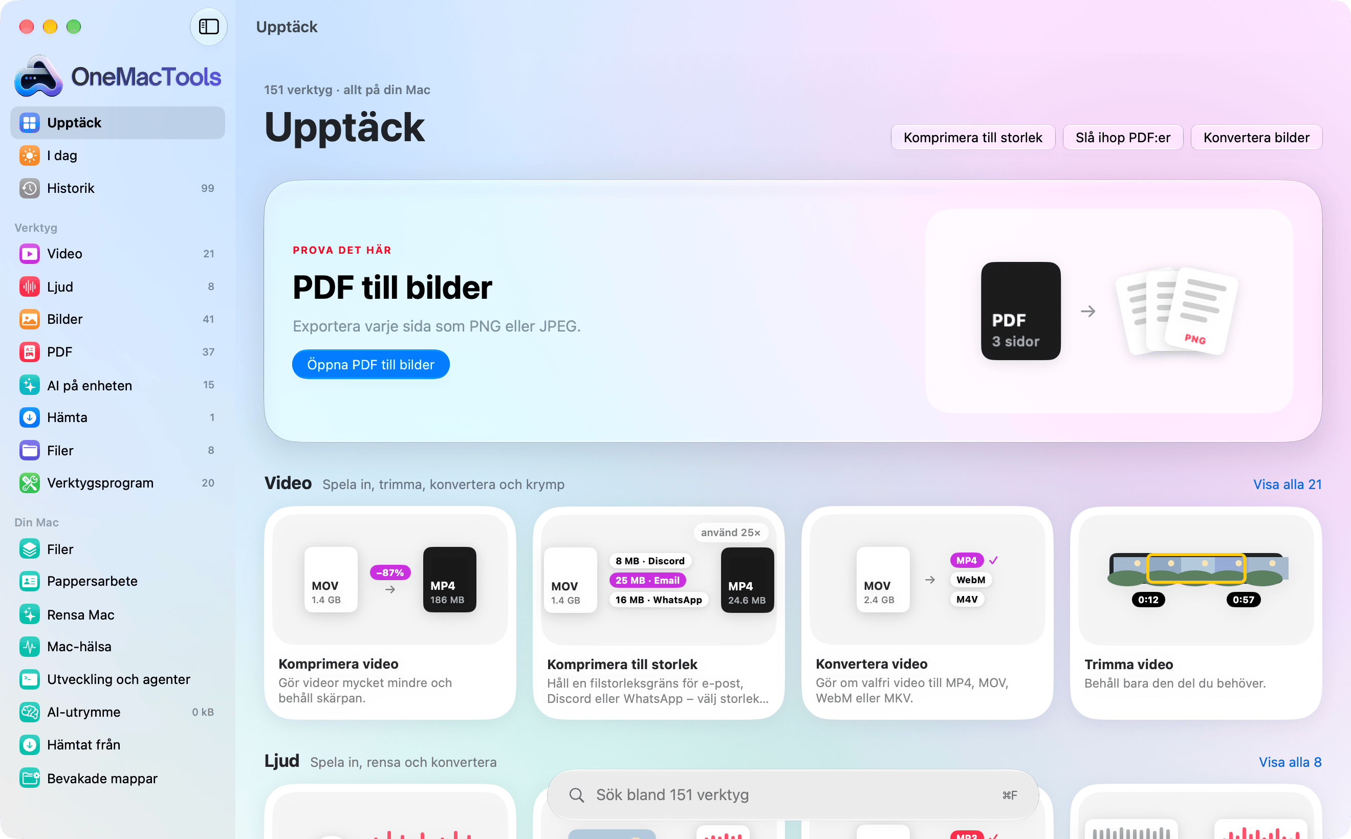 OneMacTools i Liquid Glass: ett sidofält med kategorier, ett utvalt verktyg och varje kategoris första verktyg som illustrerade kort