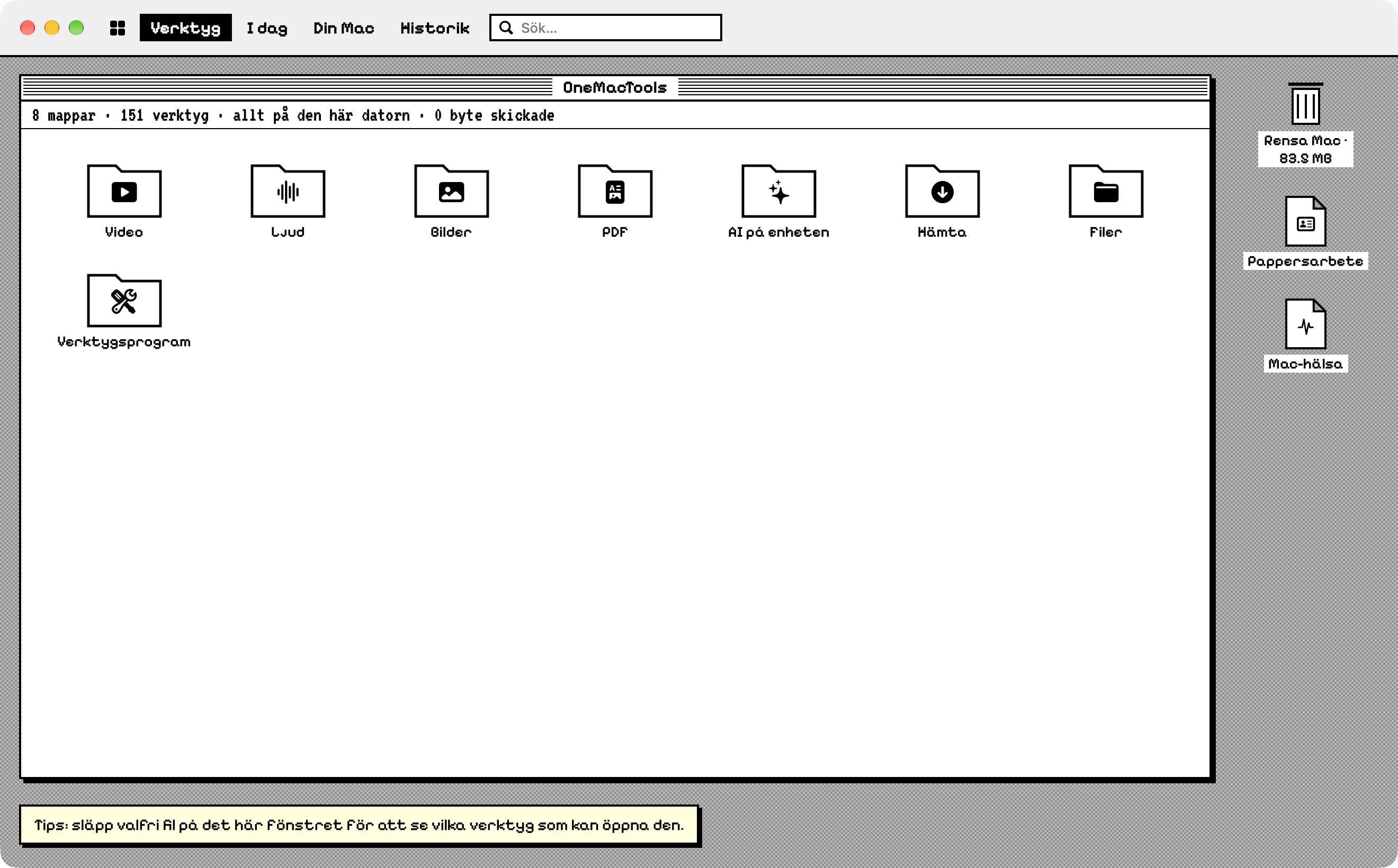OneMacTools i utseendet Retro: ett svartvitt skrivbord med ett fönster med kategorimappar