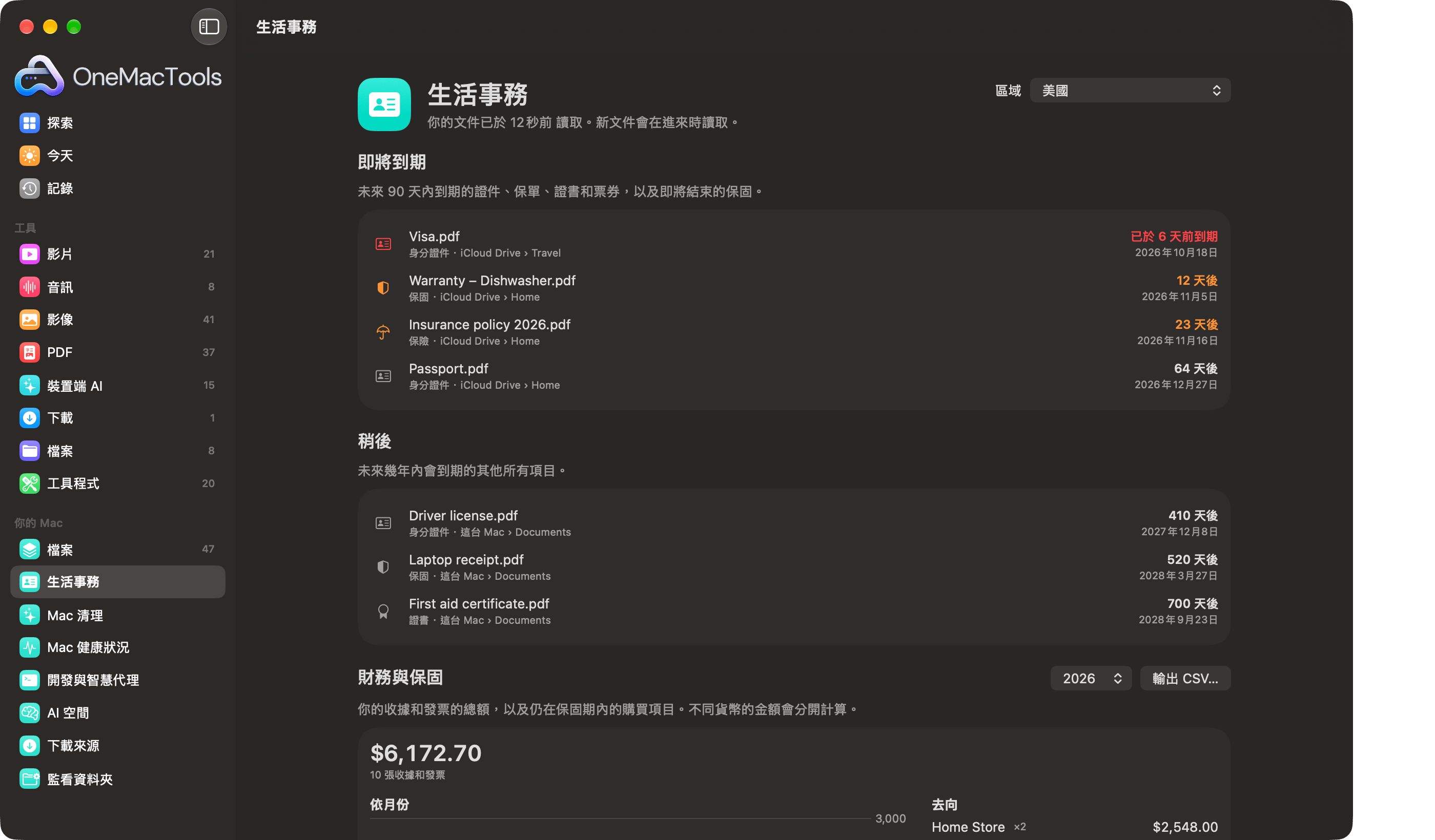 OneMacTools 生活事務列出已過期的簽證、洗碗機保固、保險單和即將到期的護照