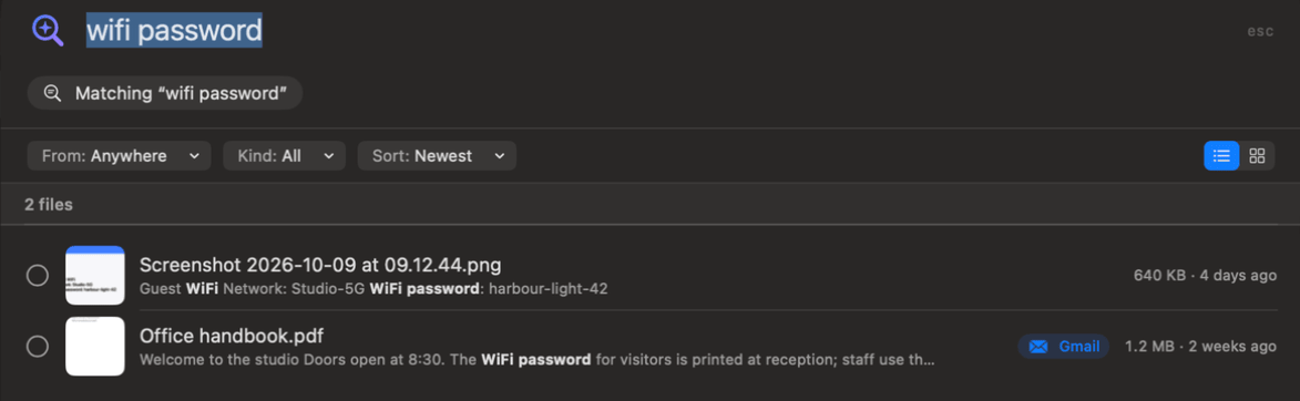 Searching “wifi password” finds a screenshot and a PDF, with the matching words highlighted inside each