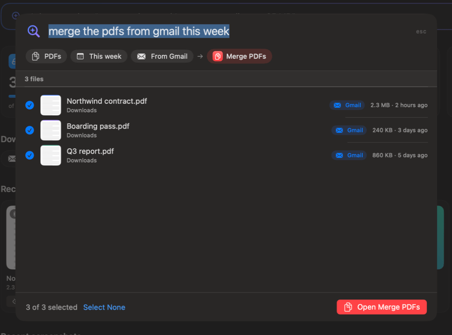OneMacTools Ask panel turning “merge the pdfs from gmail this week” into filters and the Merge PDFs tool, with three Gmail PDFs found