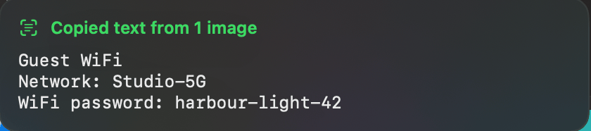 Copied text from 1 image: Guest WiFi, Network Studio-5G, WiFi password harbour-light-42