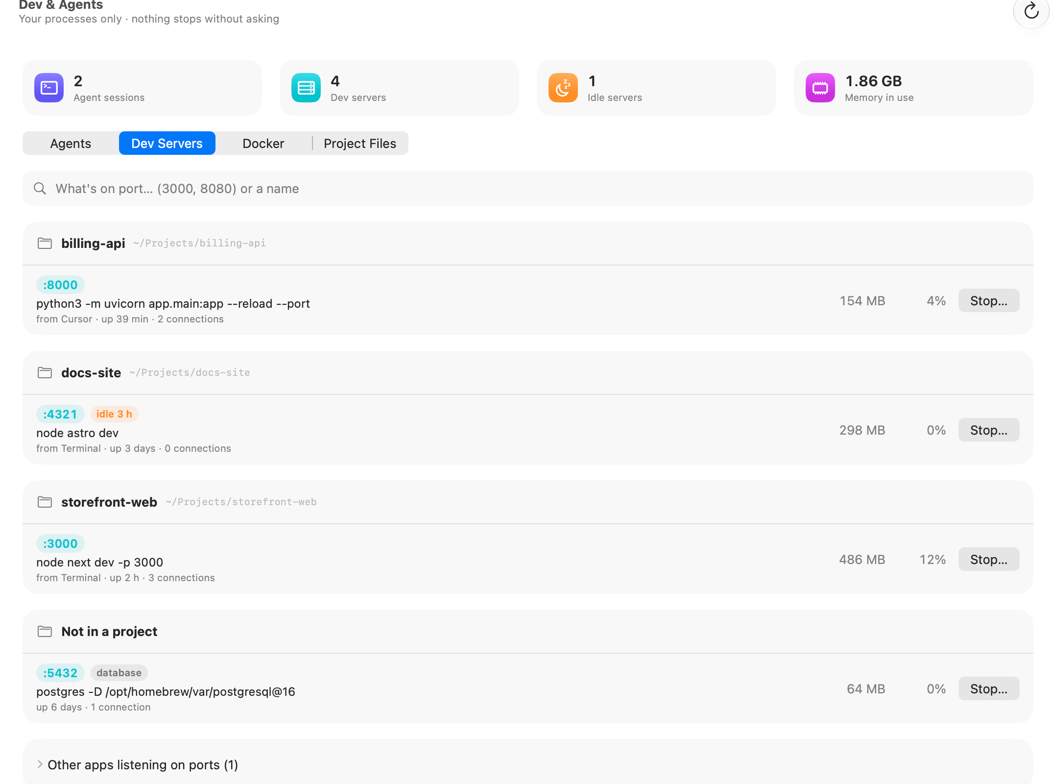 OneMacTools Dev & Agents: dev servers grouped by project with their ports, an idle Astro server flagged, a Postgres database, and Stop buttons