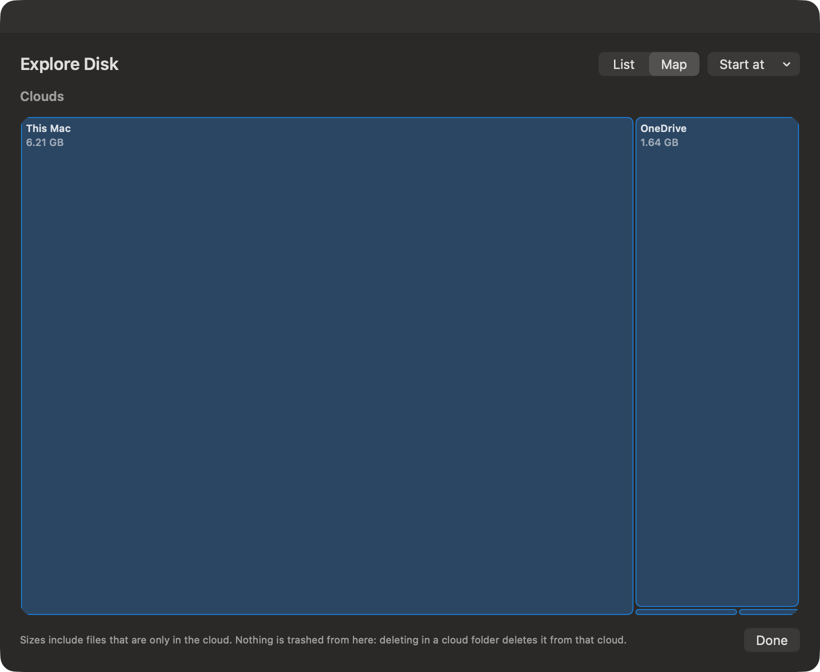 OneMacTools Explore Disk showing clouds as a map, each box sized by the space it uses