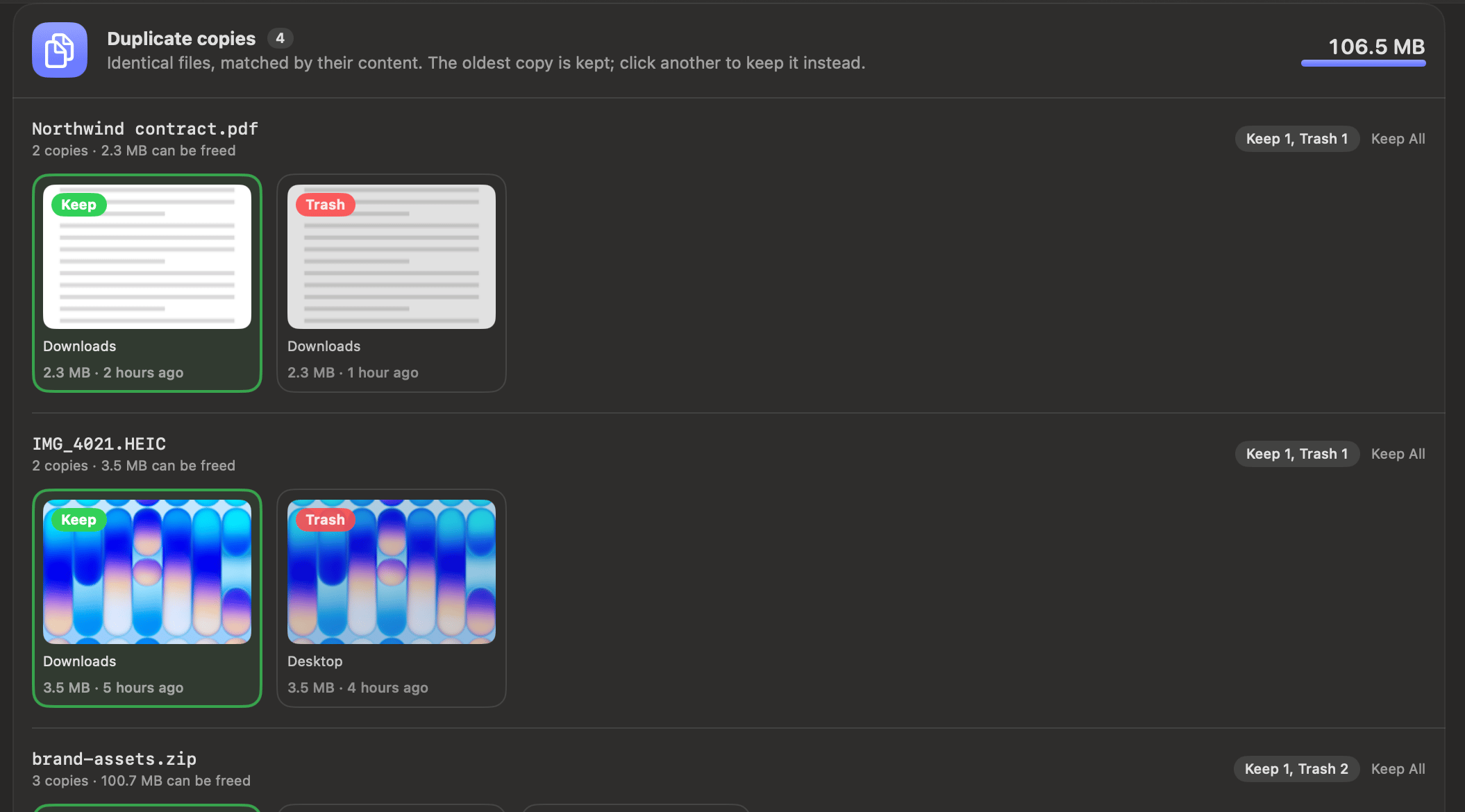 OneMacTools duplicate review: each set of identical files as thumbnails labelled Keep or Trash