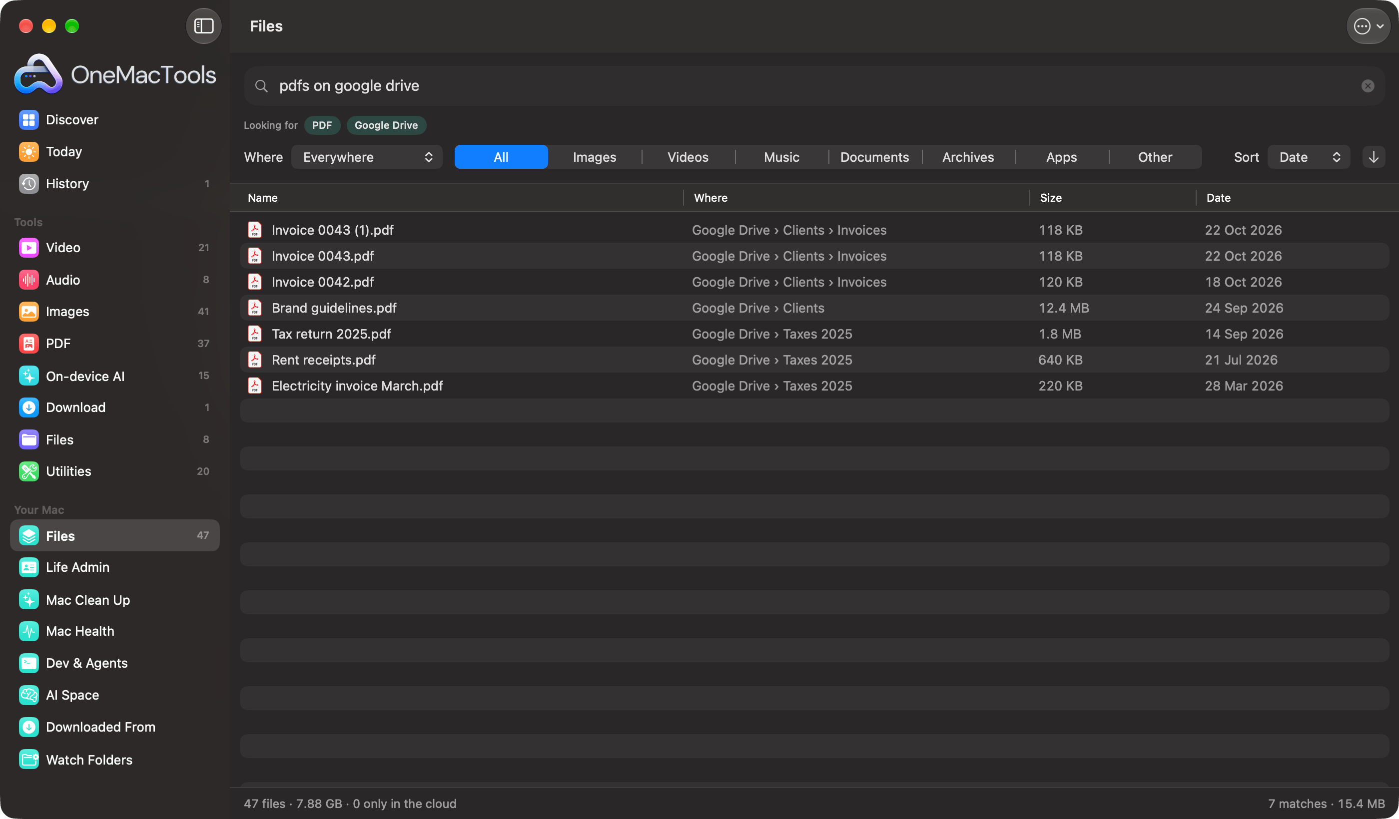 OneMacTools Files searching “pdfs on google drive”, read as the filters PDF and Google Drive