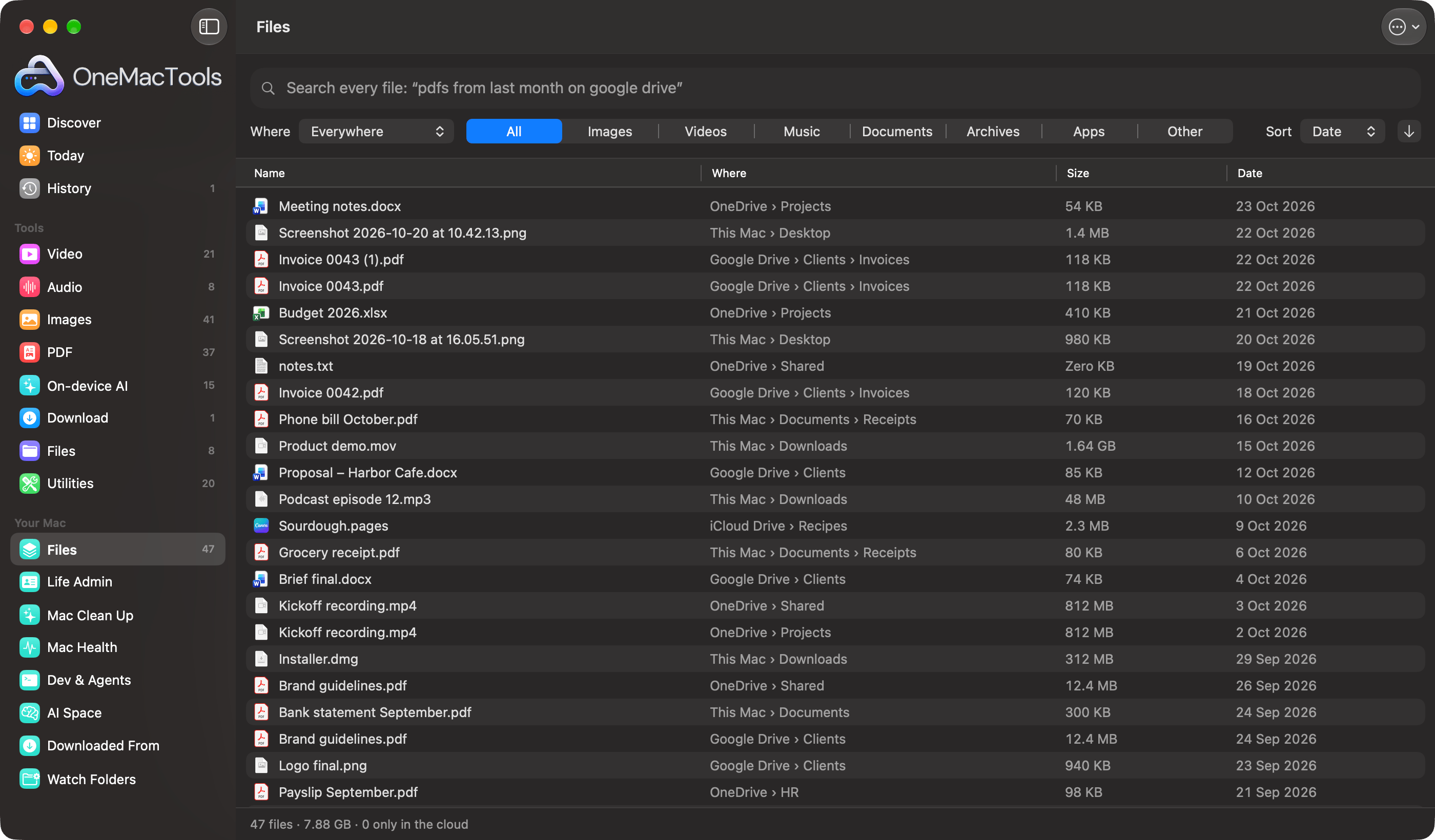 OneMacTools Files listing every file from Google Drive, OneDrive, iCloud Drive and the Mac in one list, with where each lives