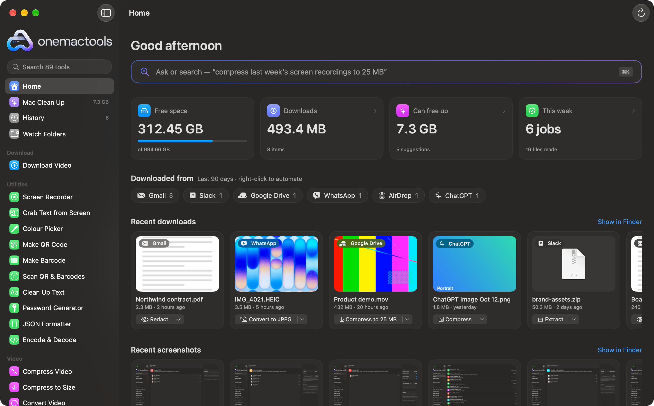 OneMacTools Home: free space, Downloads, what Clean Up can free, where downloads came from, and recent downloads with one-click actions