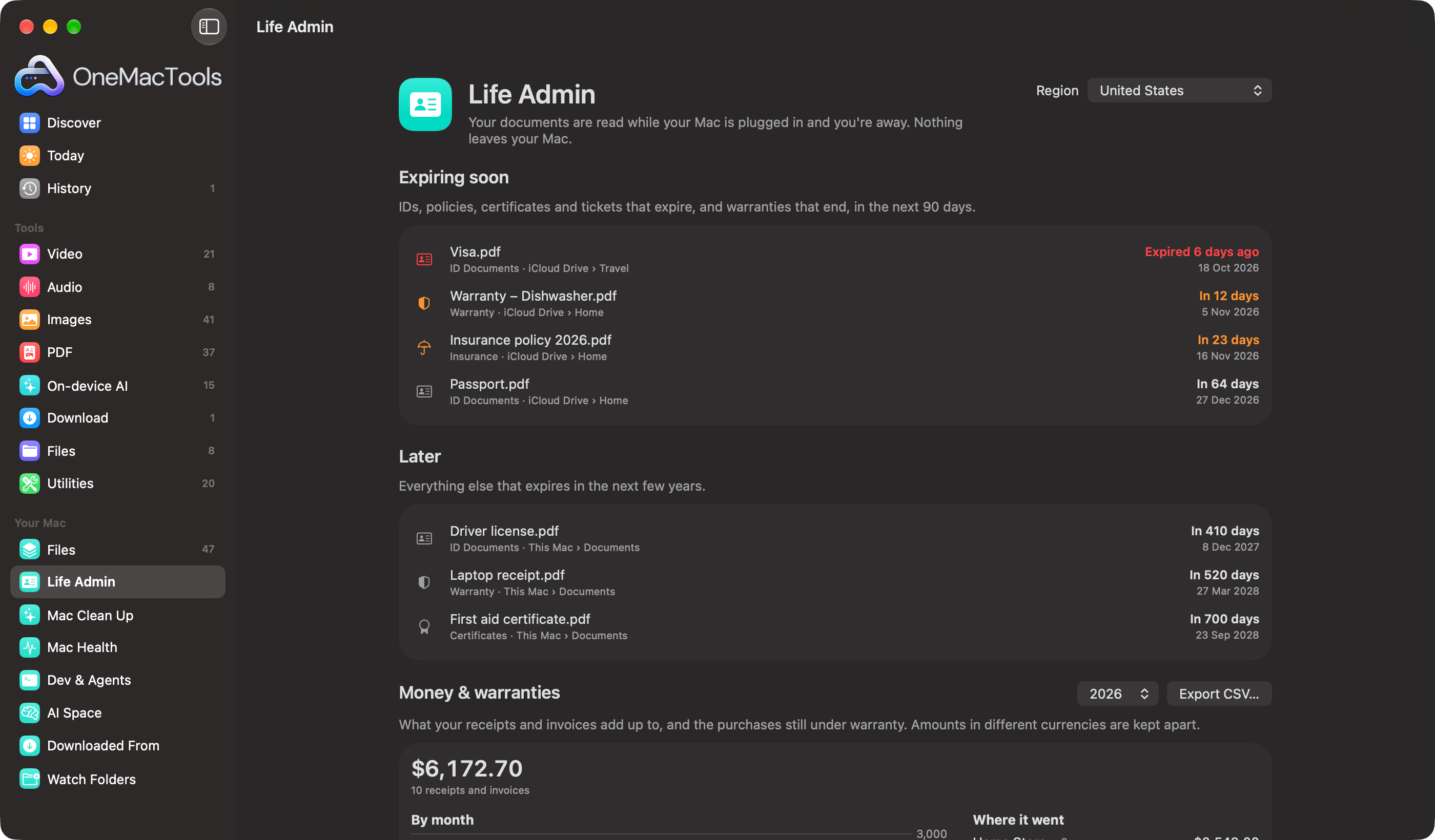 OneMacTools Life Admin listing a visa that expired, a dishwasher warranty, an insurance policy and a passport that expire soon