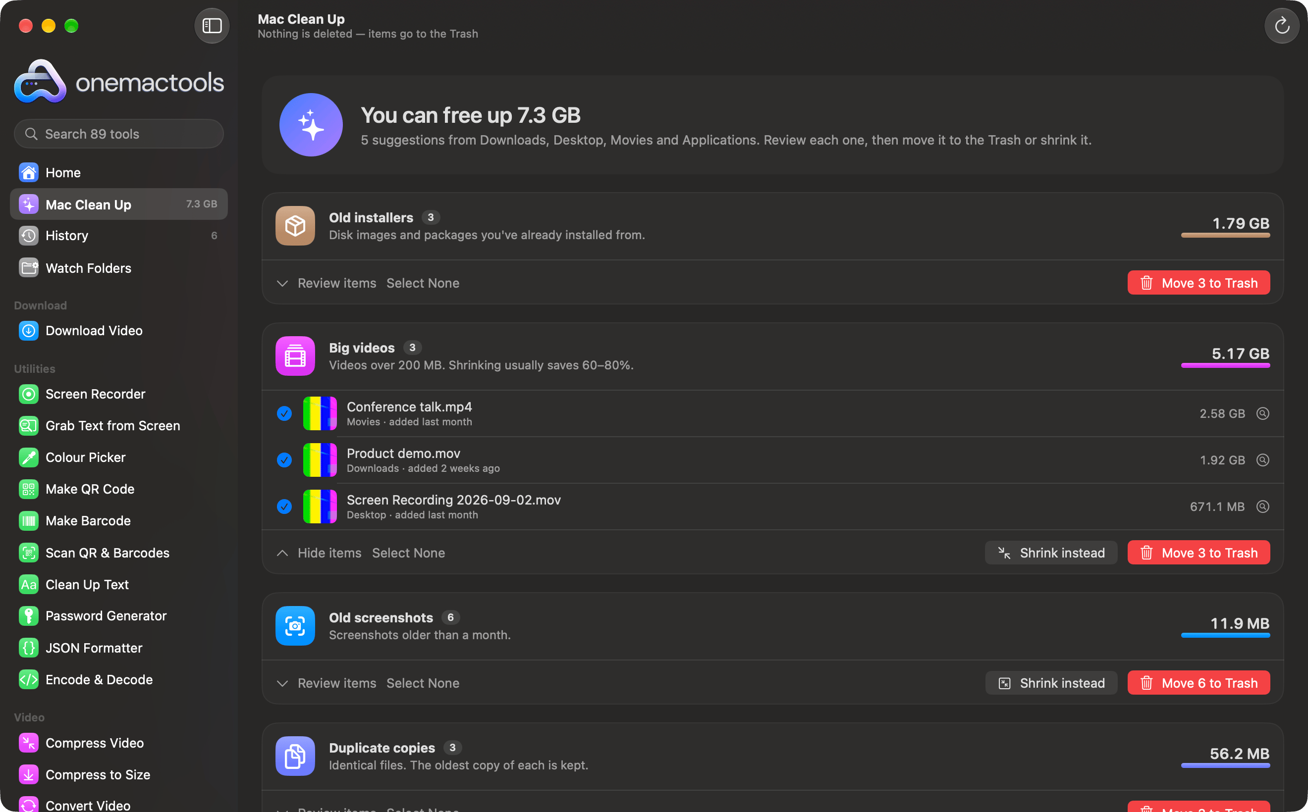 OneMacTools Mac Clean Up listing old installers, big videos, old screenshots and duplicates, with Shrink instead and Move to Trash