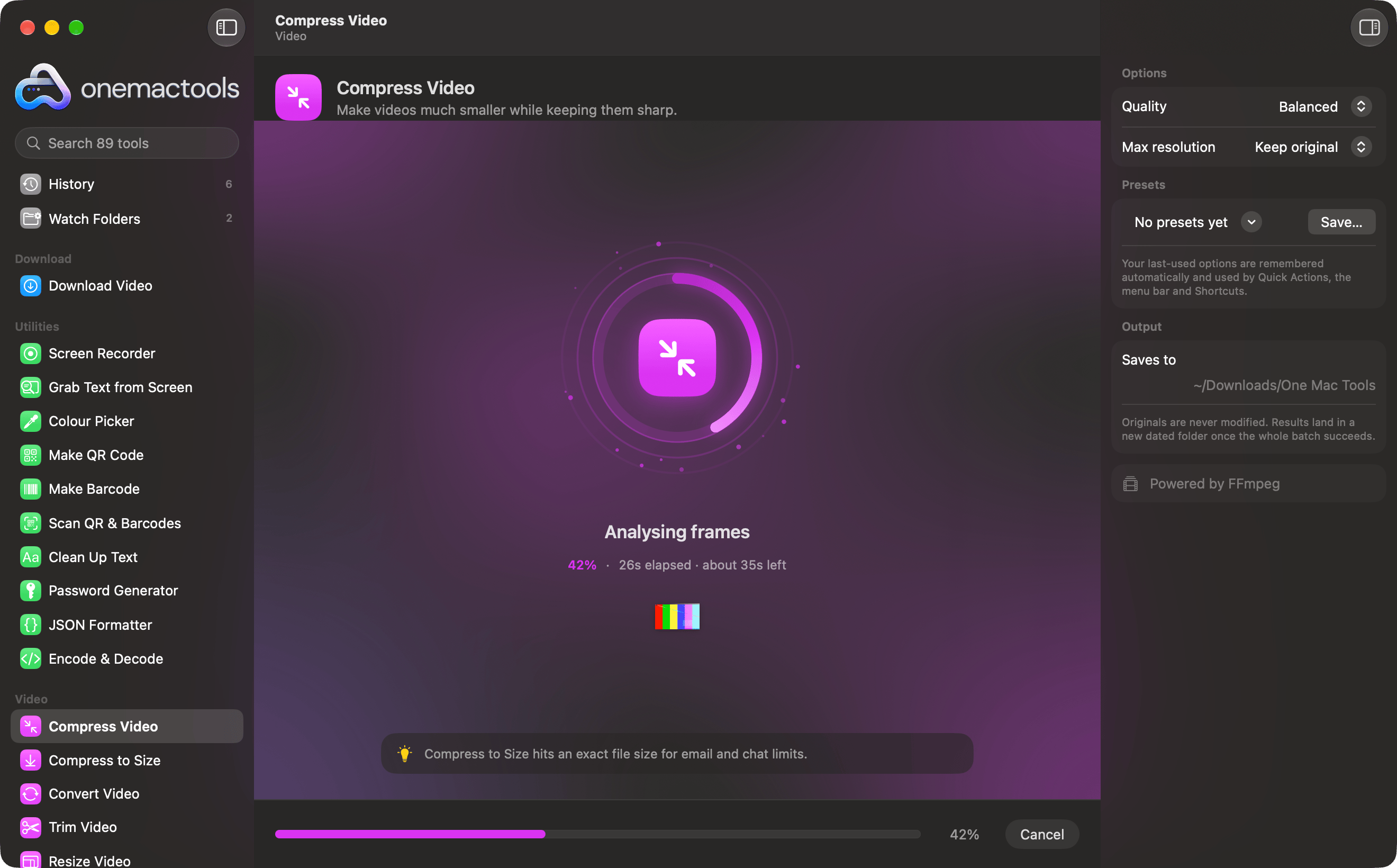 OneMacTools compressing a video, with a progress ring at 42%, the current stage, time left and a tip