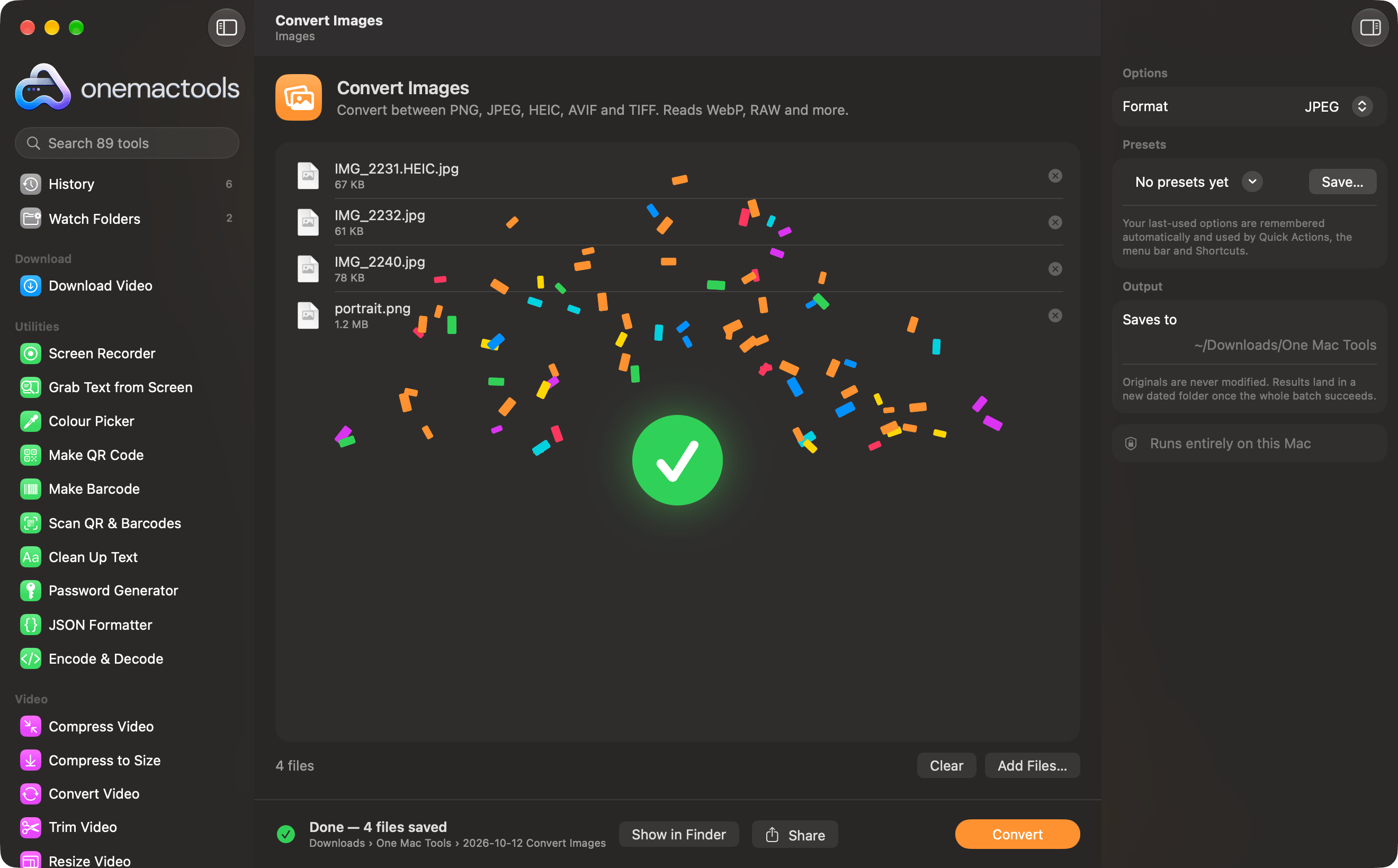 OneMacTools celebrating a finished batch of image conversions with confetti and a check mark