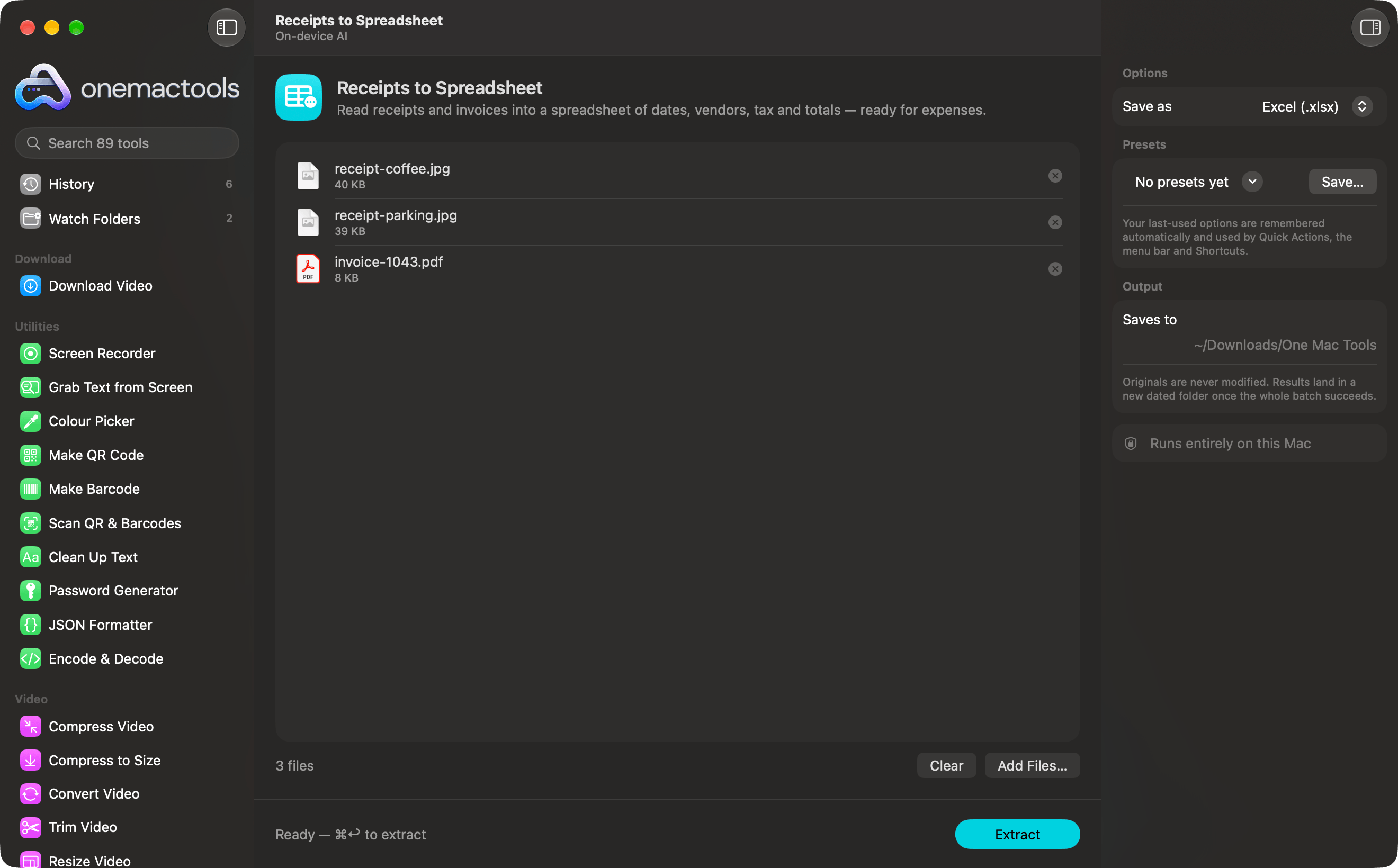 OneMacTools Receipts to Spreadsheet with receipt photos and an invoice