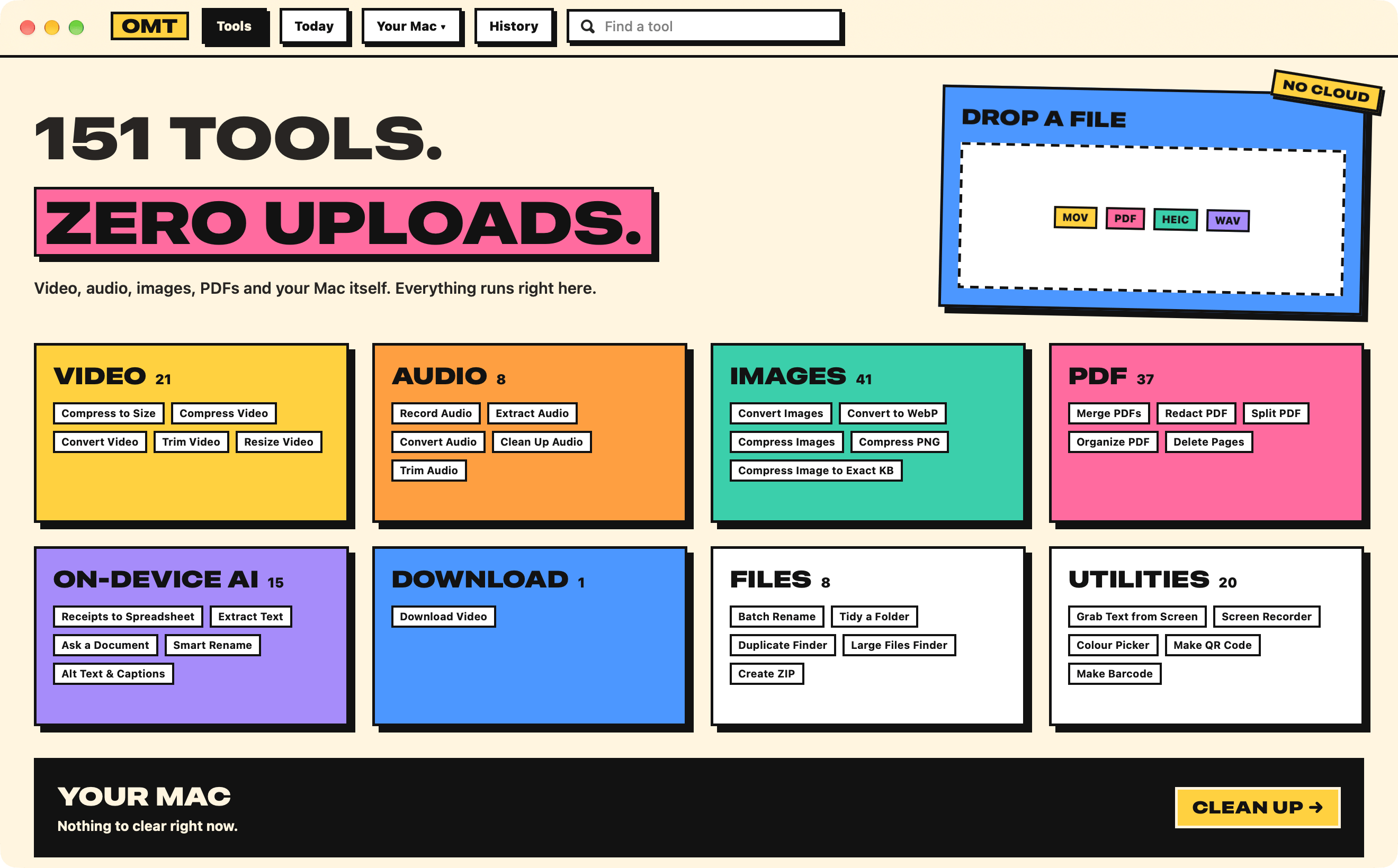 OneMacTools in the Neo-brutal look: 151 TOOLS. ZERO UPLOADS. over colour blocks for each category