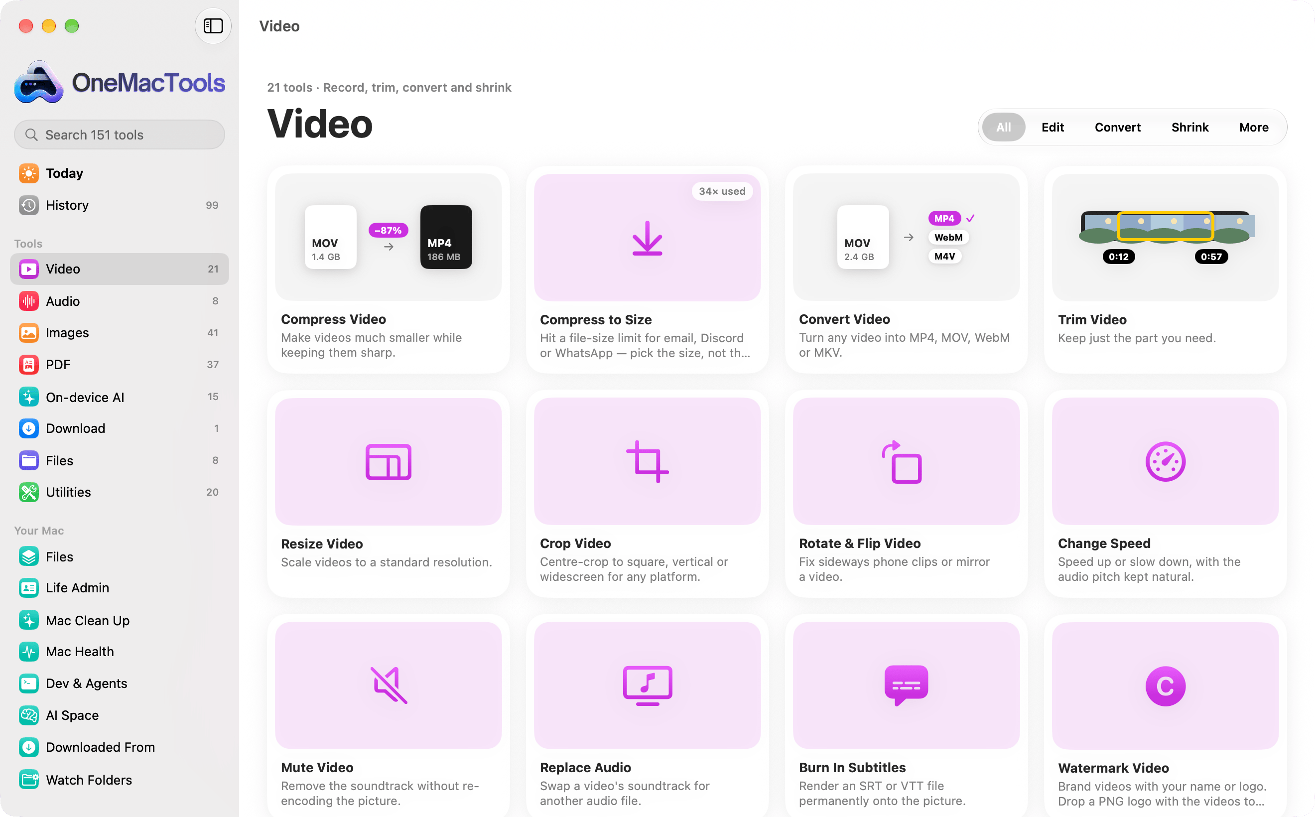 OneMacTools in the Classic look: the Video category as illustrated cards on a plain background