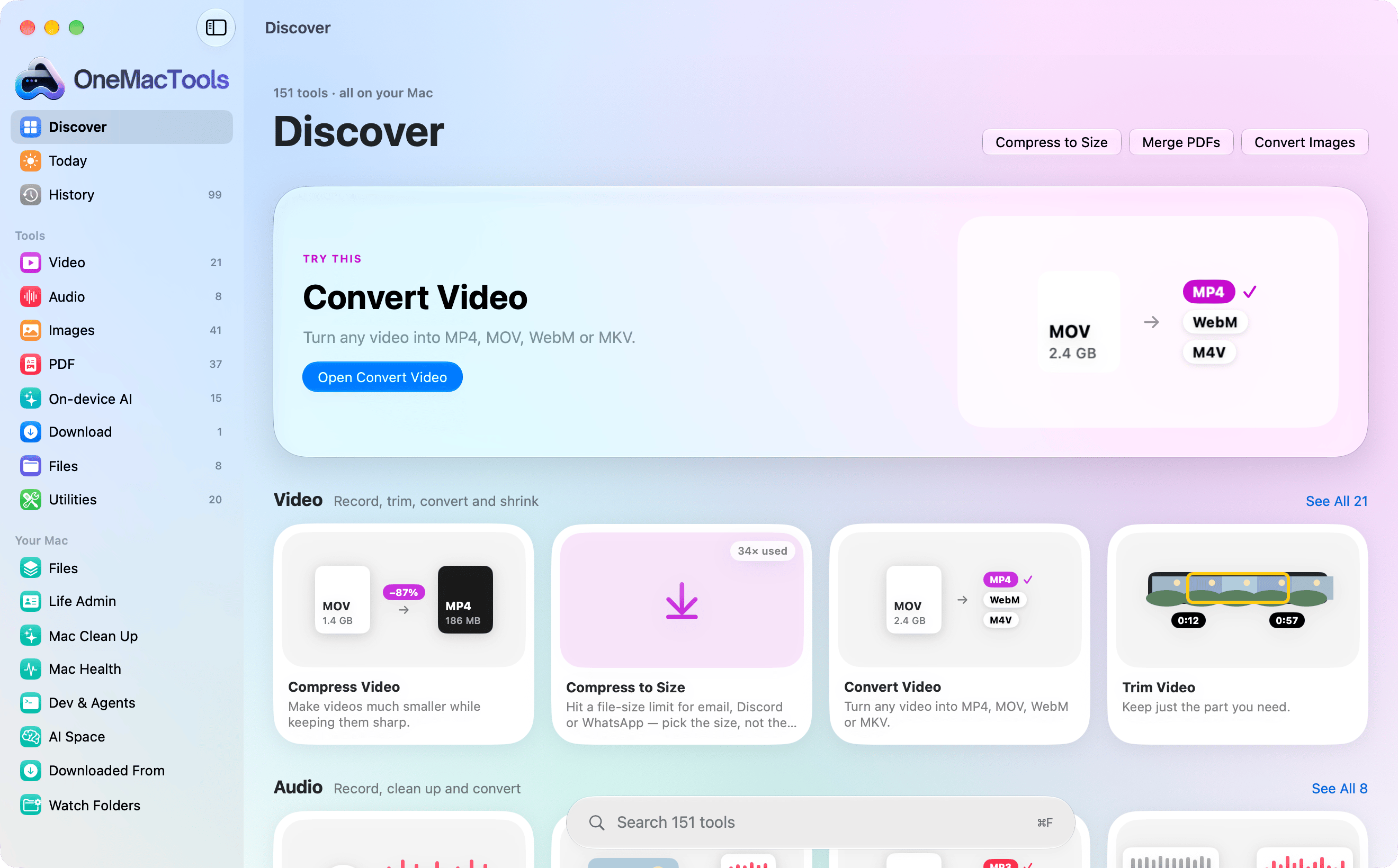 OneMacTools in Liquid Glass: a sidebar of categories, a featured tool and each category's first tools as illustrated cards