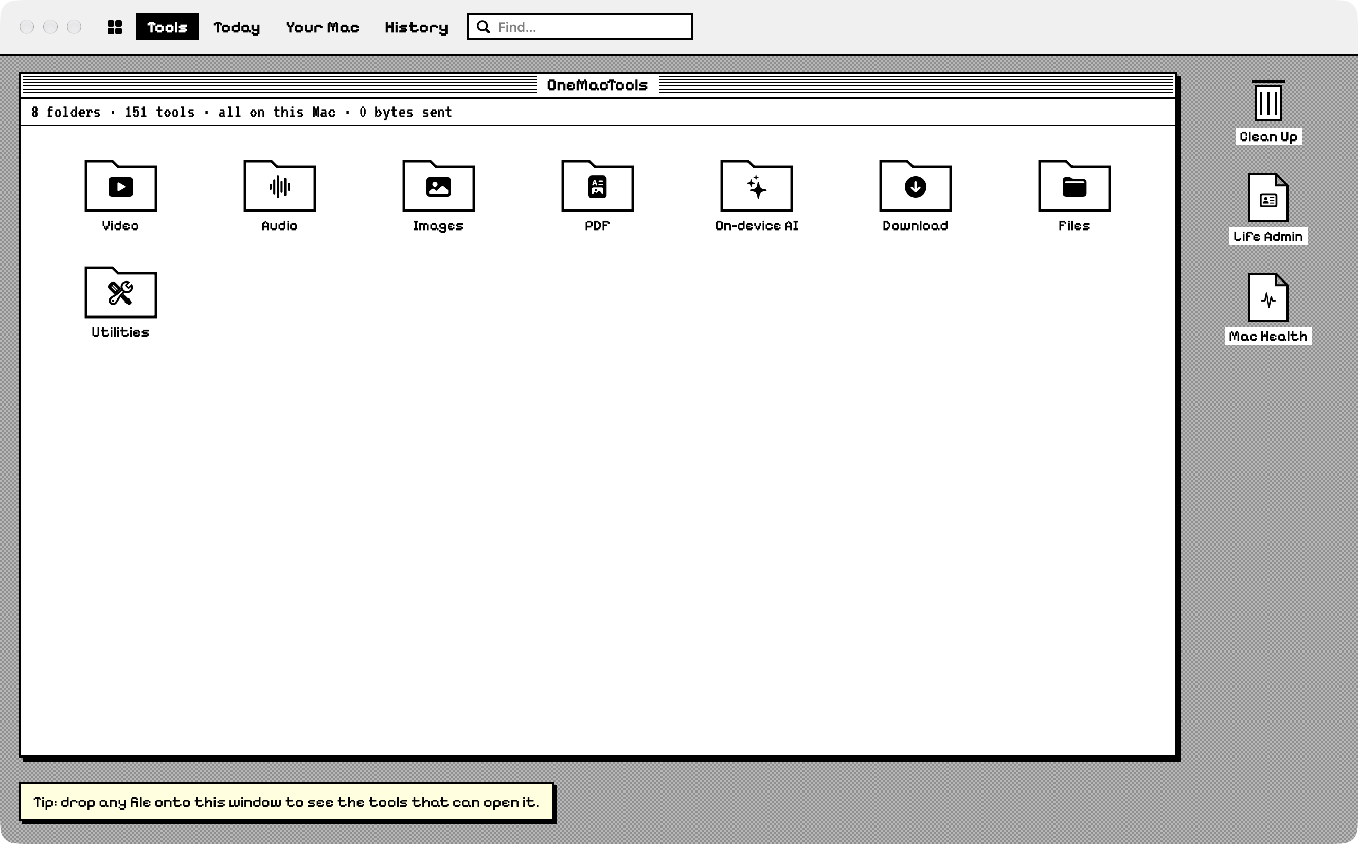 OneMacTools in the Retro look: a black-and-white desktop with a window of category folders