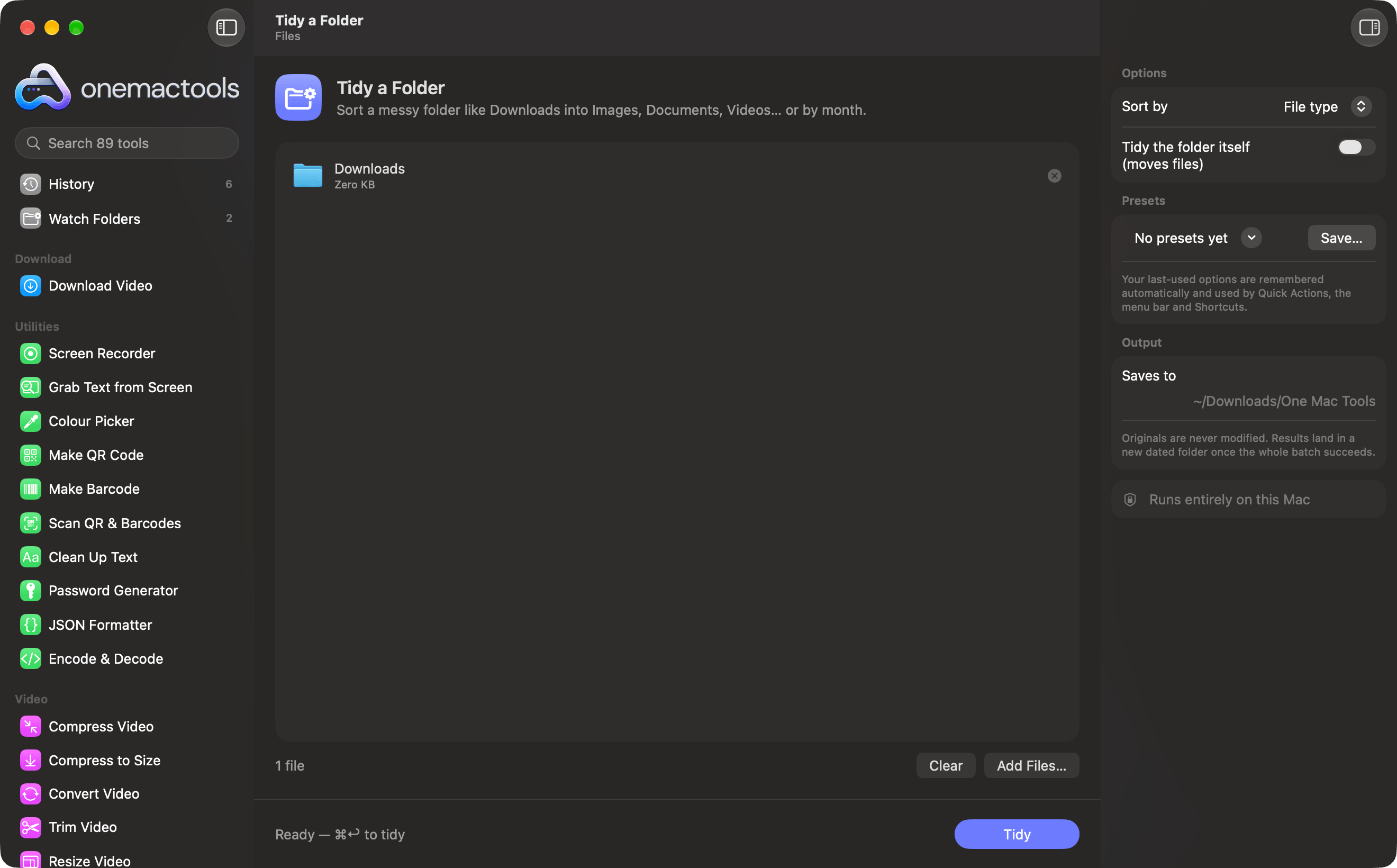 OneMacTools Tidy a Folder with a Downloads folder