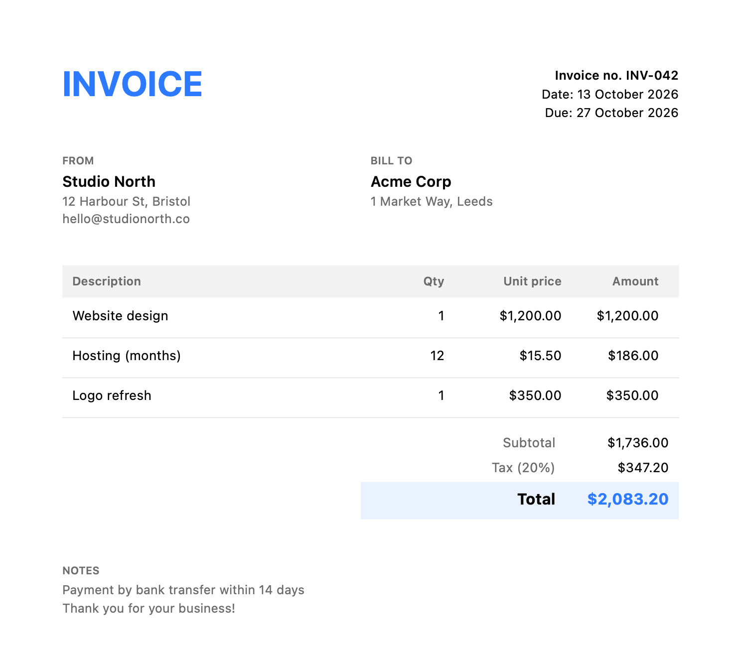 The invoice PDF OneMacTools made from those three lines, with totals and tax