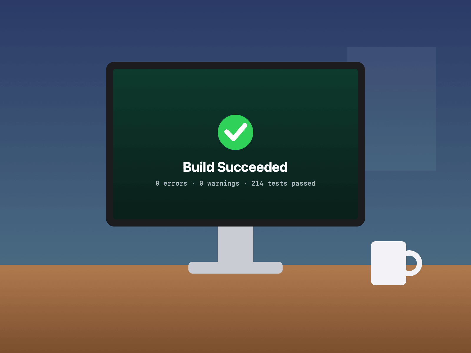 A drawing of a Mac showing Build Succeeded