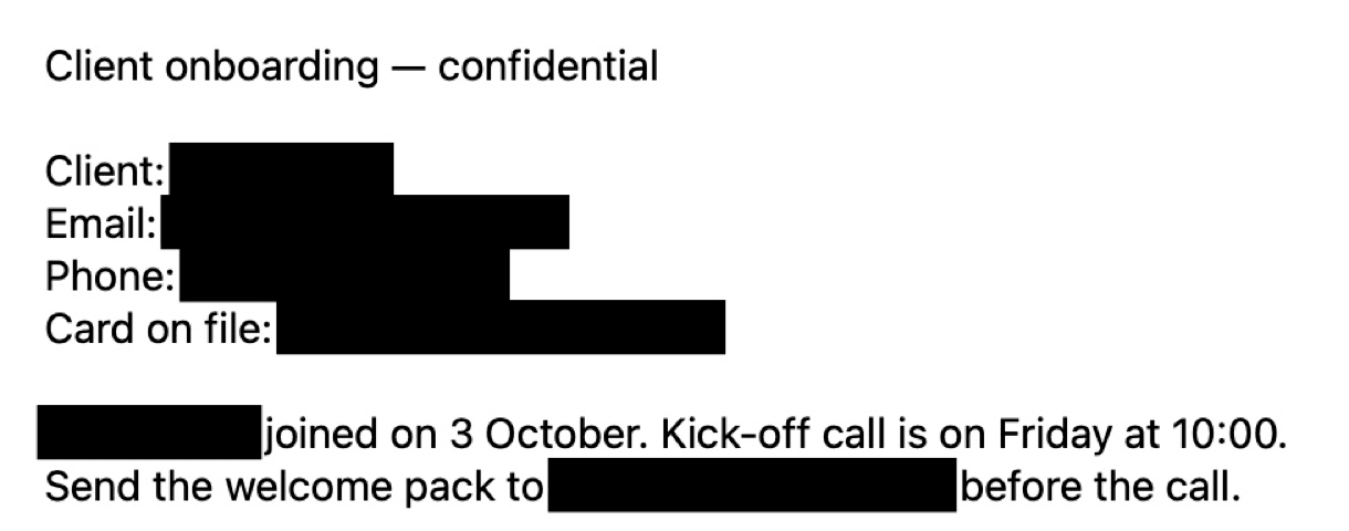 The same note with every personal detail blacked out