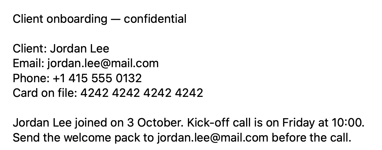 A client note with a name, email, phone and card number