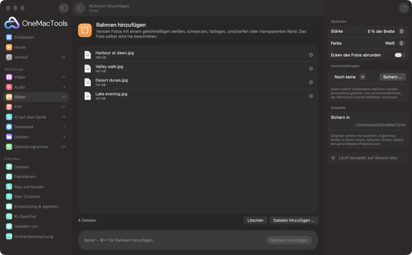 Rahmen hinzufügen in OneMacTools auf einem Mac, mit Beispieldateien und seinen Optionen