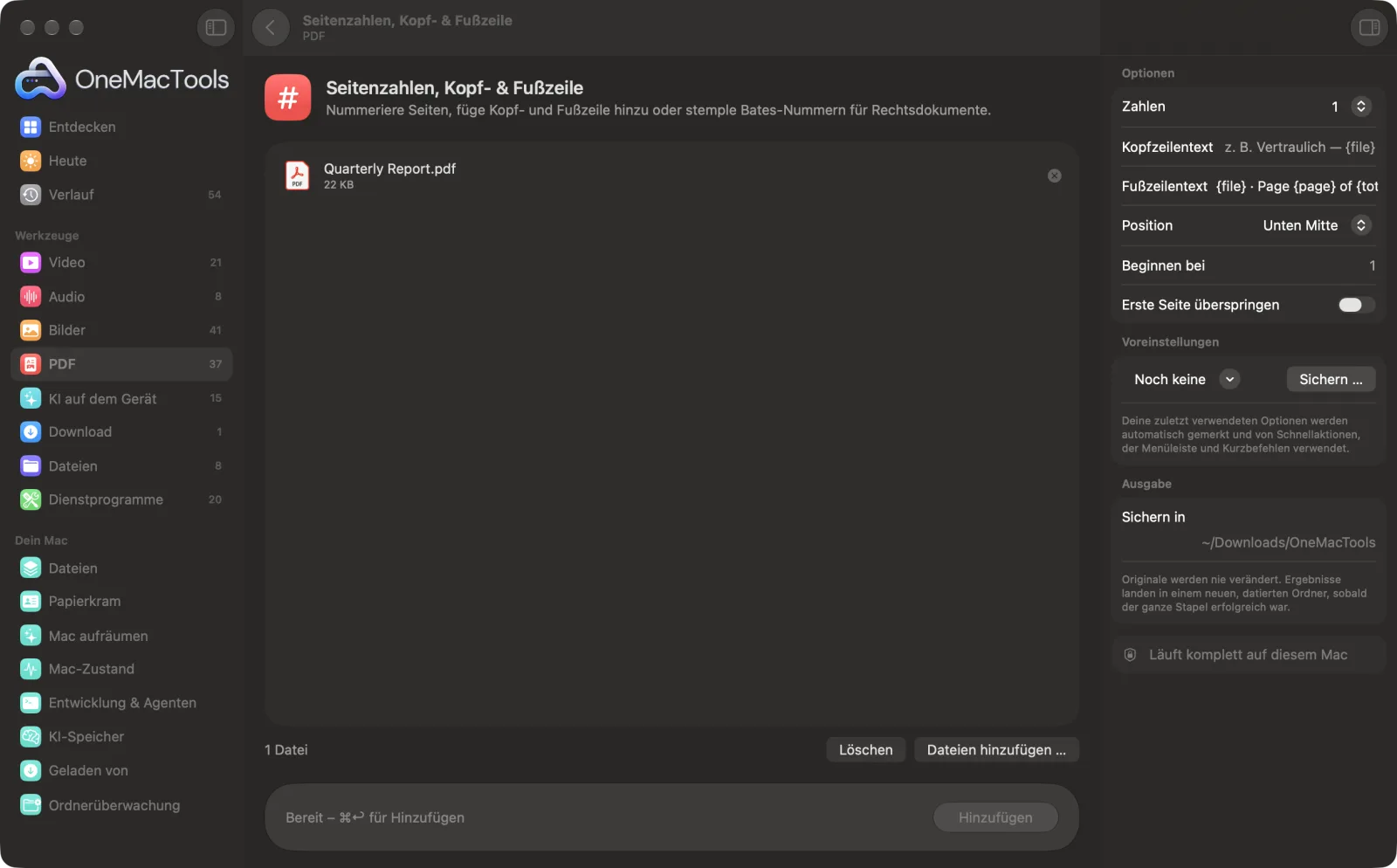 Seitenzahlen, Kopf- & Fußzeile in OneMacTools auf einem Mac, mit Beispieldateien und seinen Optionen
