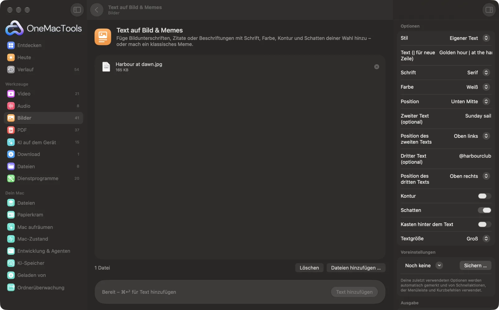 Text auf Bild & Memes in OneMacTools mit geladenen Beispieldateien und geöffnetem Optionsbereich